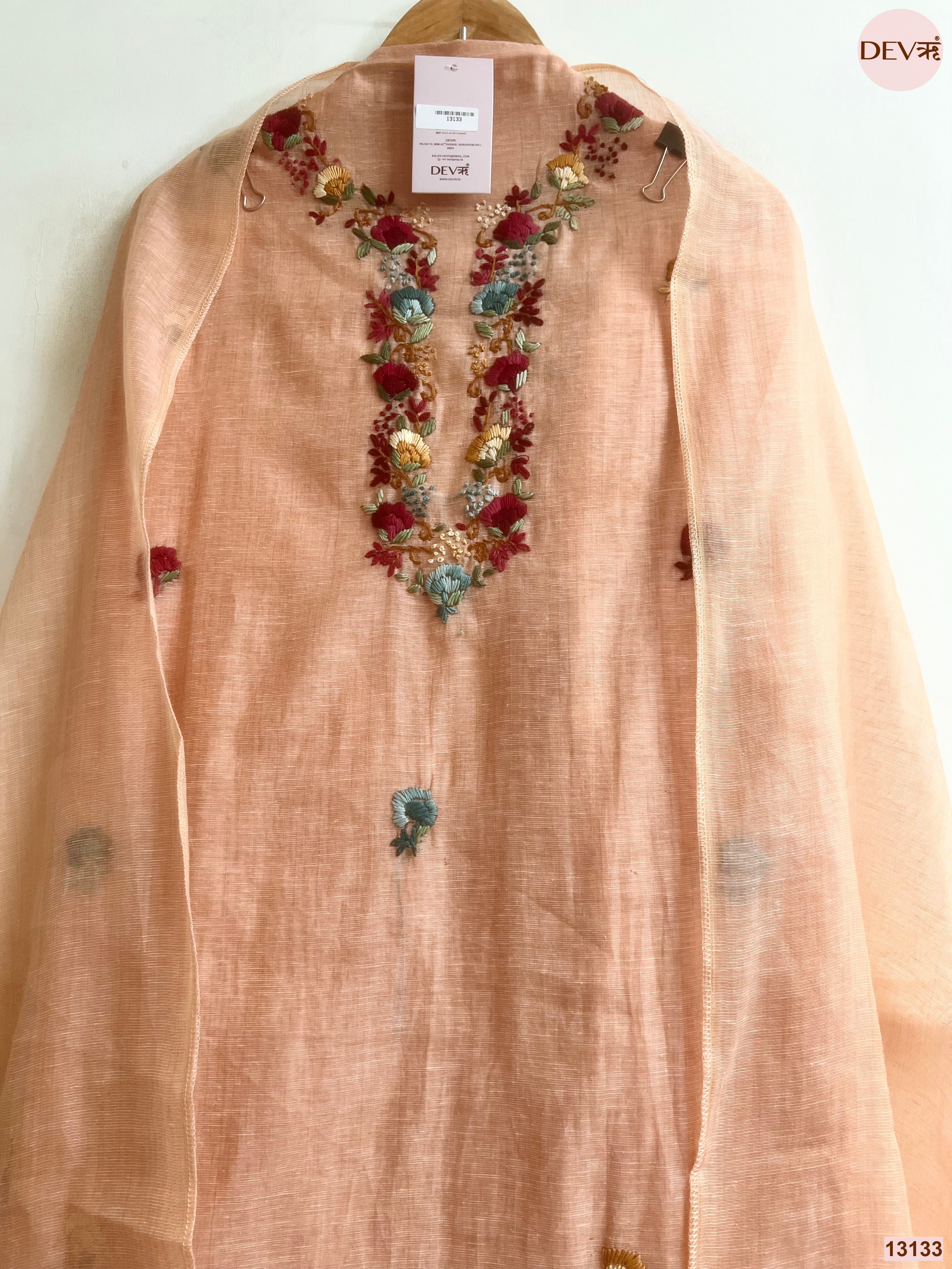 Peach Jamdani Cotton Embroidered Unstitched 3-Piece Suit (Devri – D.No 13133)