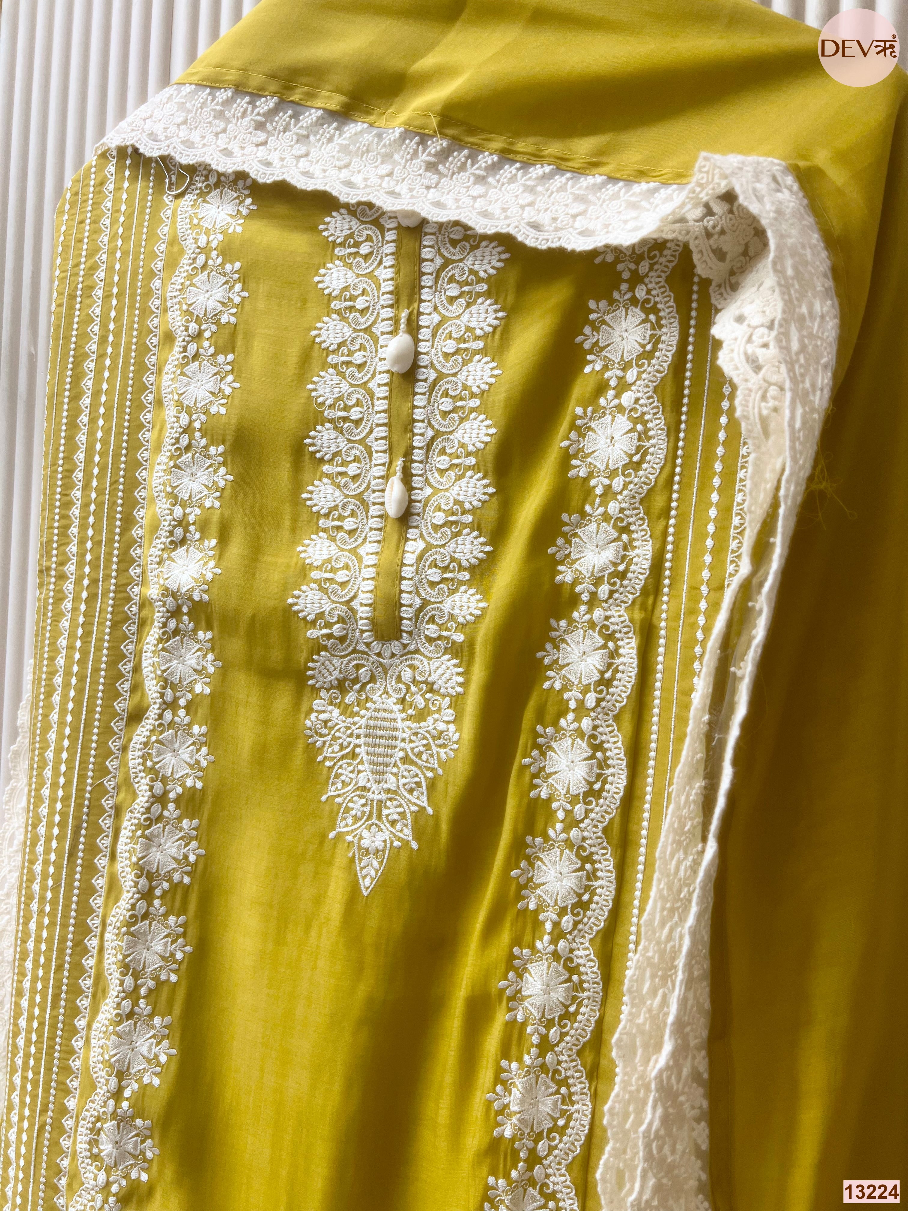Mustard Mul Cotton Embroidered Unstitched 3-Piece Suit (Devri – D.No 13224)