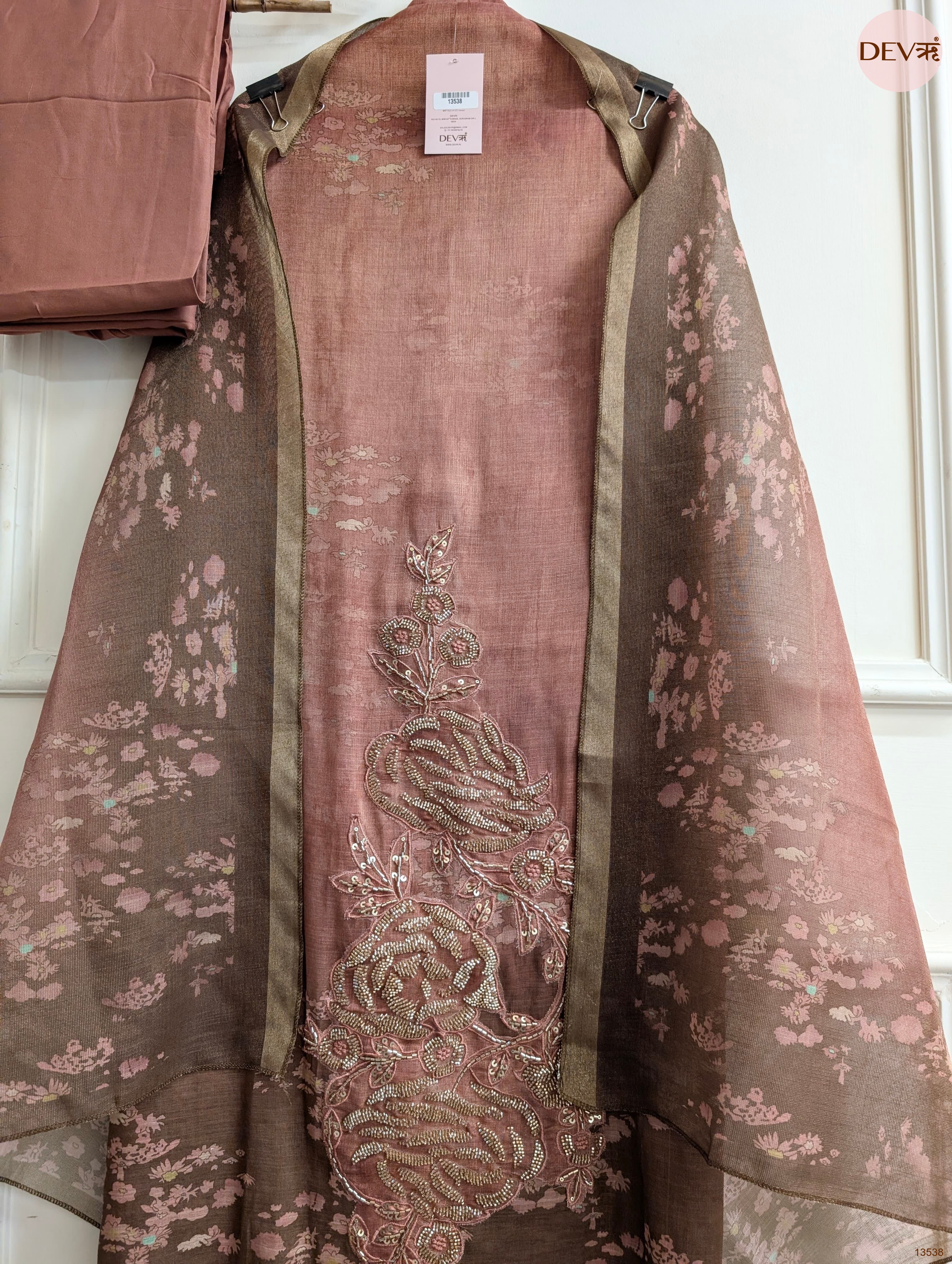 Brown Linen Cotton Printed Unstitched 3-Piece Suit (Devri – D.No 13538)