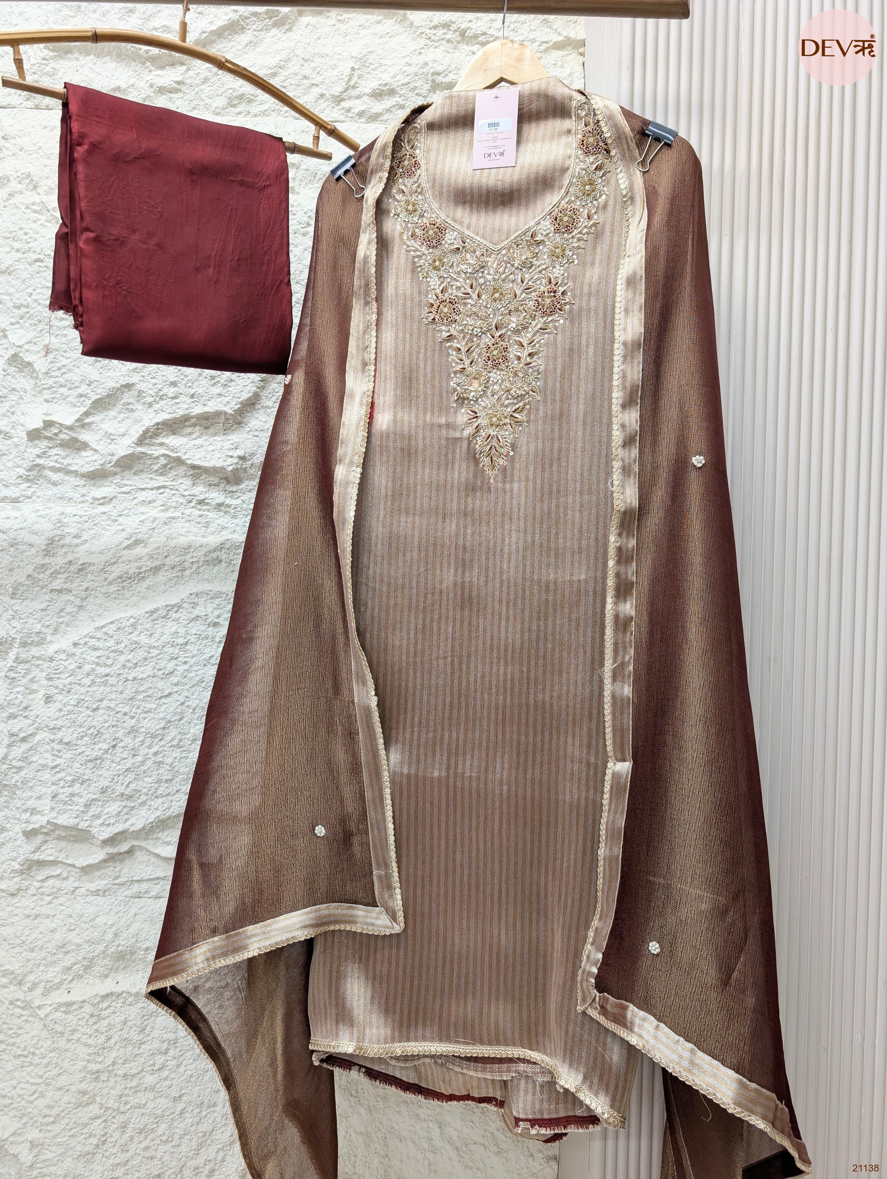 Brown Pure Tissue Silk Embroidered Unstitched 3-Piece Suit (Devri – D.No 21138)
