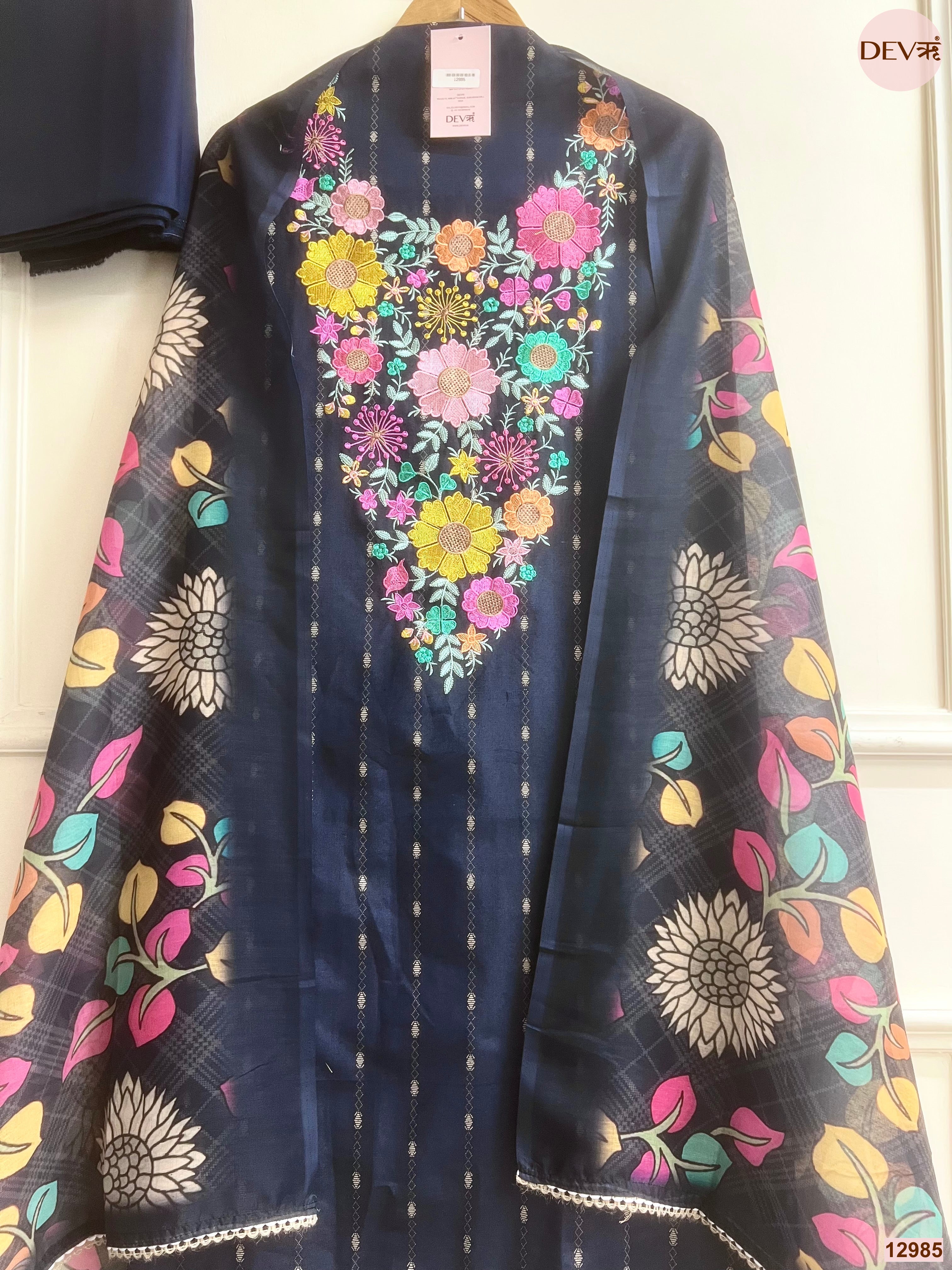 Navy Cotton Handloom Printed Unstitched 3-Piece Suit (Devri – D.No 12985)