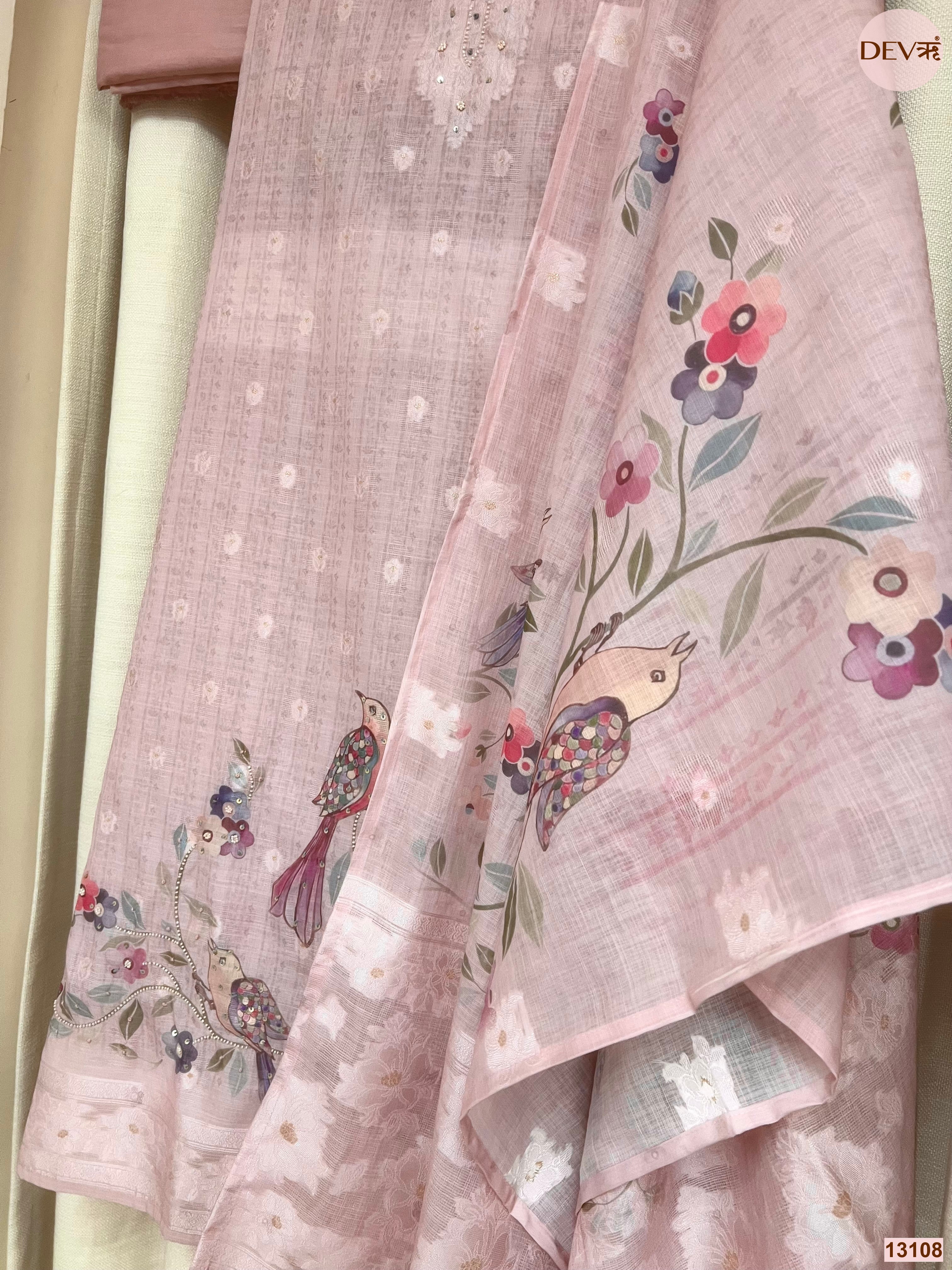 Pink Linen Cotton Printed Unstitched 3-Piece Suit (Devri – D.No 13108)