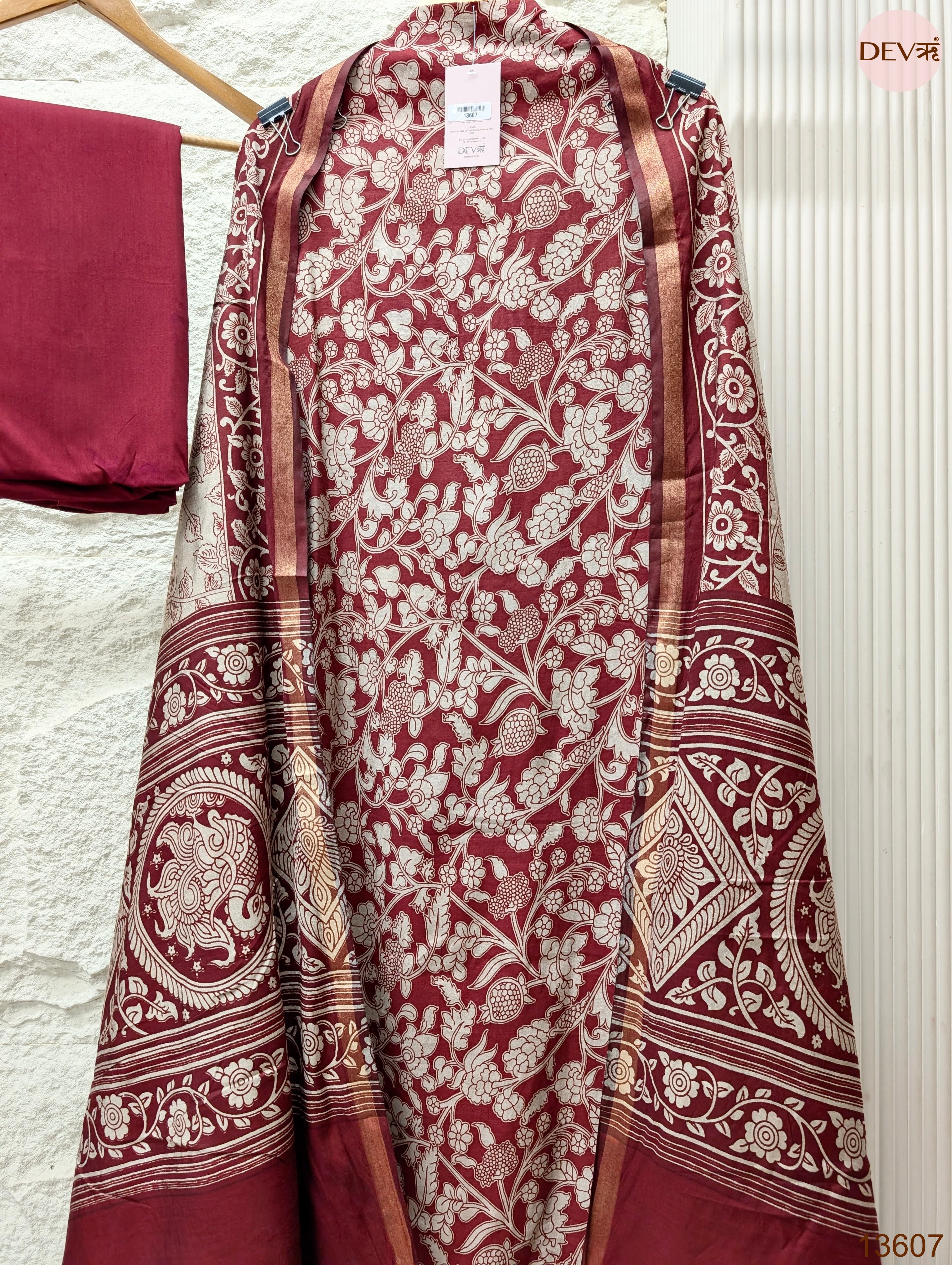 Maroon Maheshwari Silk Printed Unstitched 3-Piece Suit (Devri – D.No 13607)