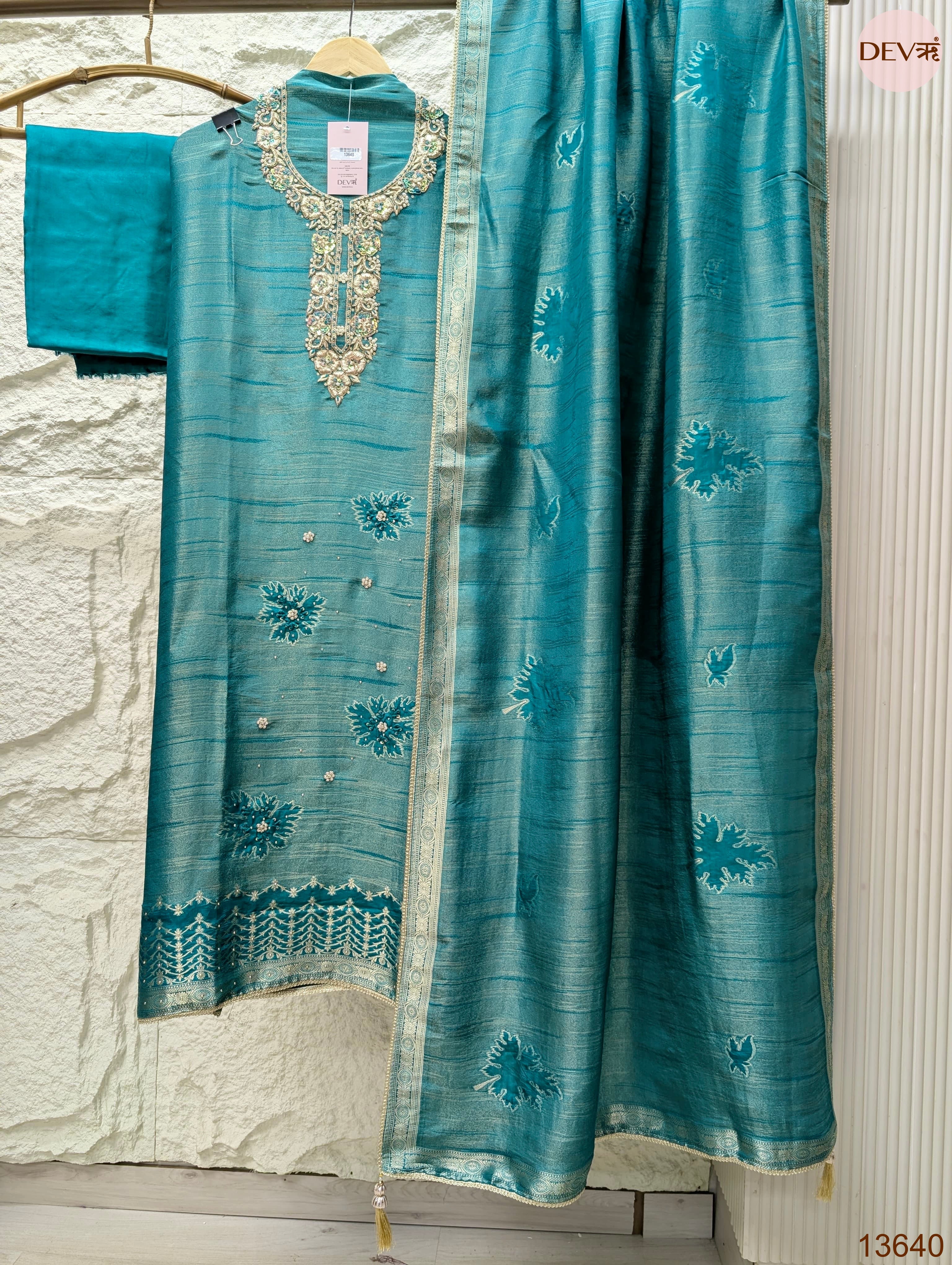Teal Pure Girafe Banarasi Silk Embroidered Unstitched 3-Piece Suit (Devri – D.No 13640)