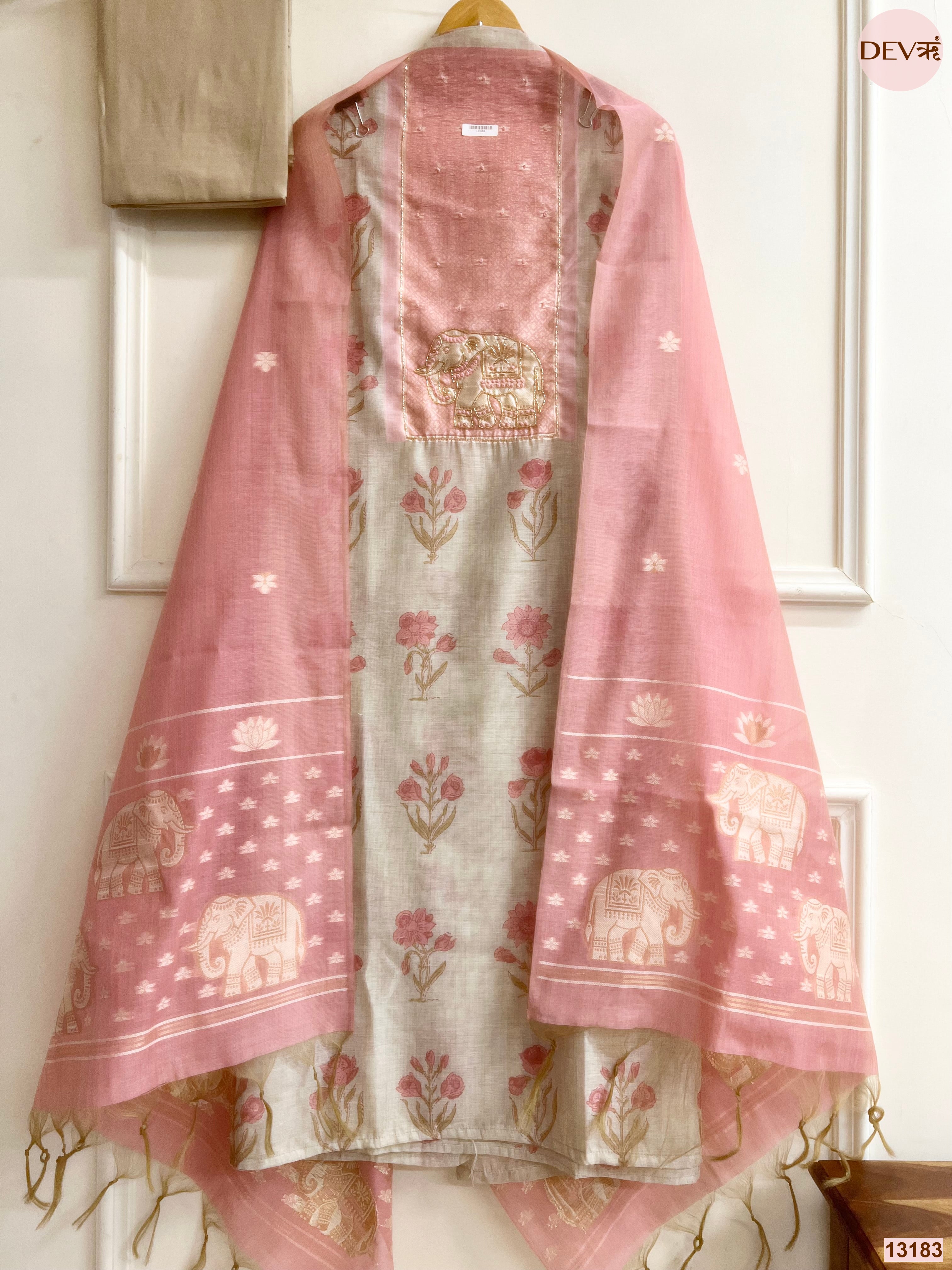 Pink Mul Chanderi Printed Unstitched 3-Piece Suit (Devri – D.No 13183)