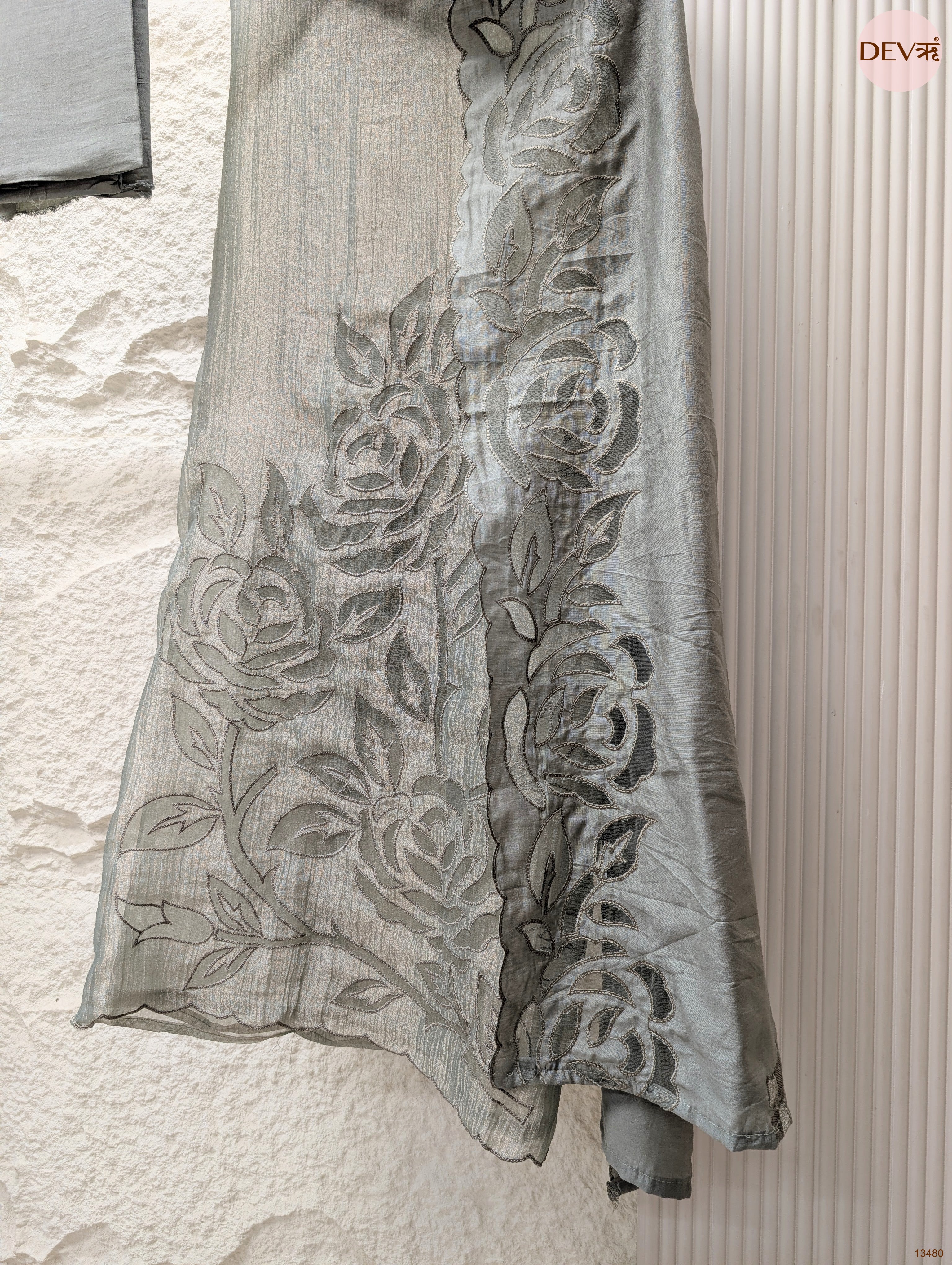 Grey Tissue Crush Silk Embroidered Unstitched 3-Piece Suit (Devri – D.No 13480)