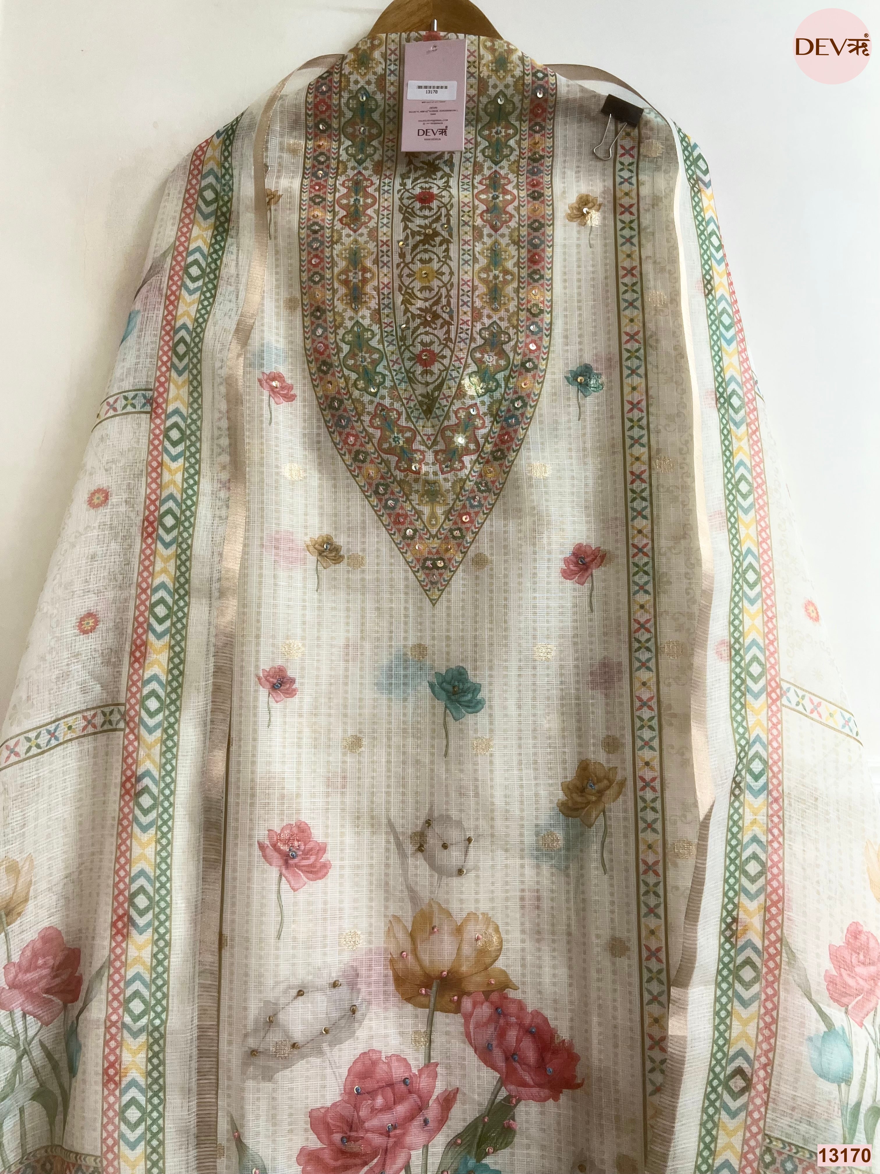 Cream Kota Printed Unstitched 3-Piece Suit (Devri – D.No 13170)