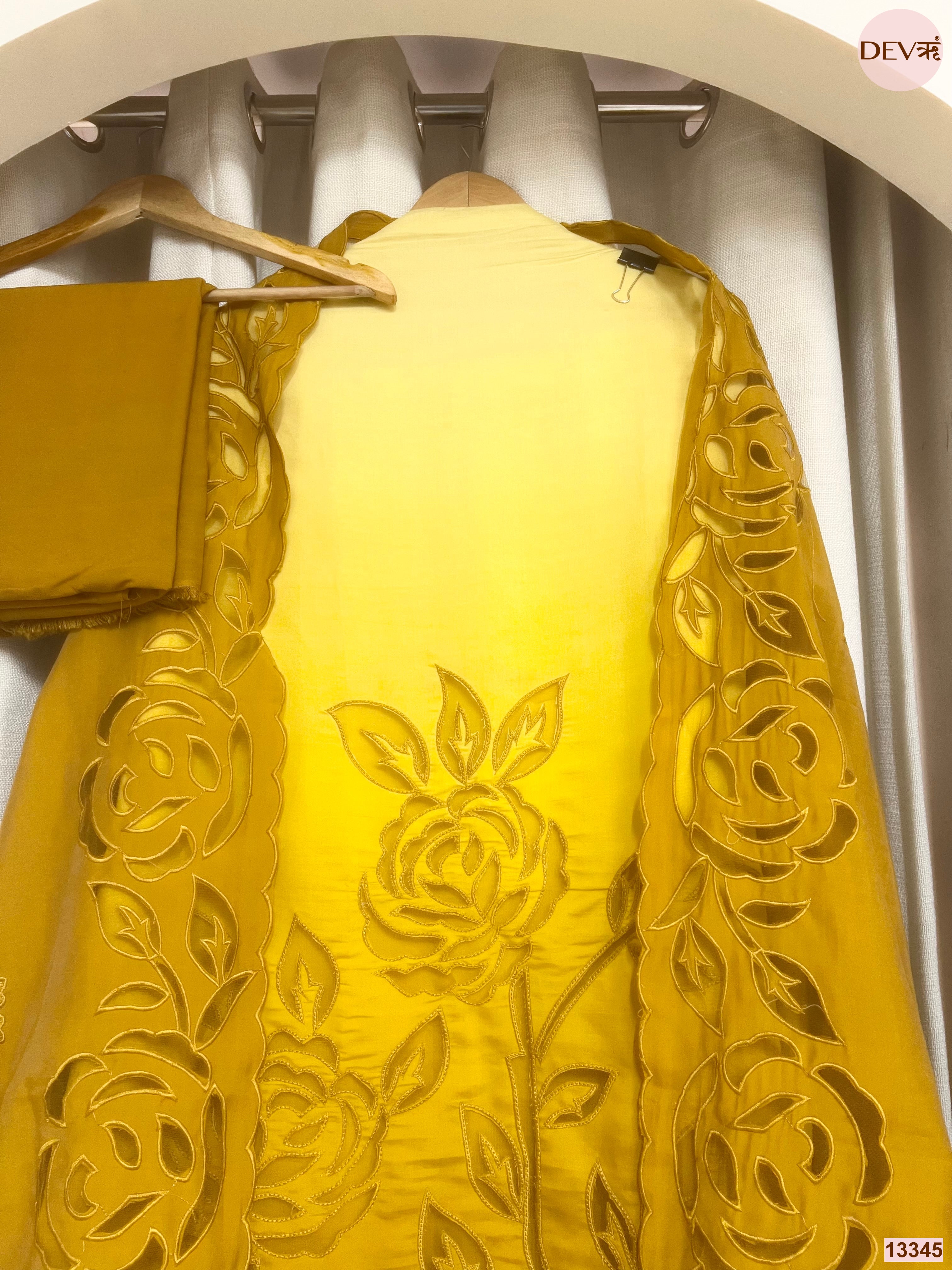 Yellow Mul Chanderi Embroidered Unstitched 3-Piece Suit (Devri – D.No 13345)