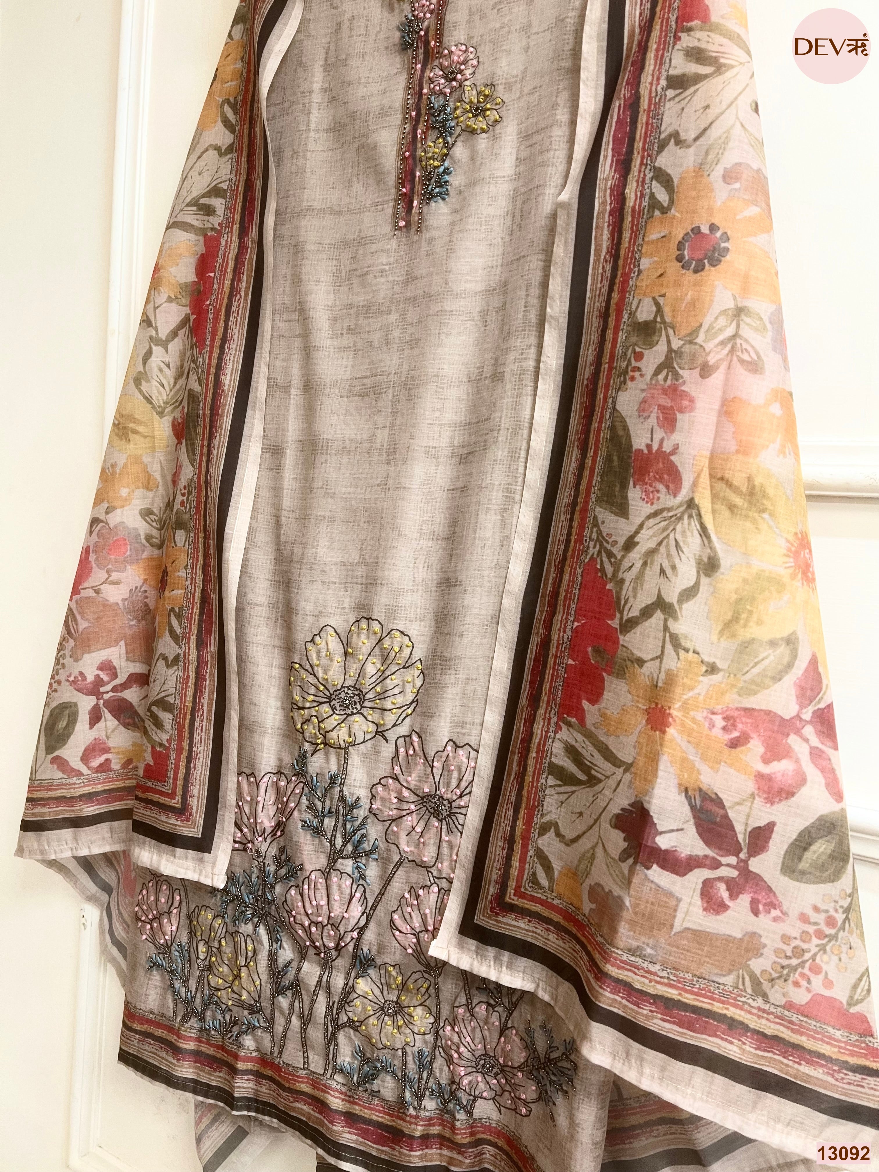 Beige Mul Chanderi Printed Unstitched 3-Piece Suit (Devri – D.No 13092)