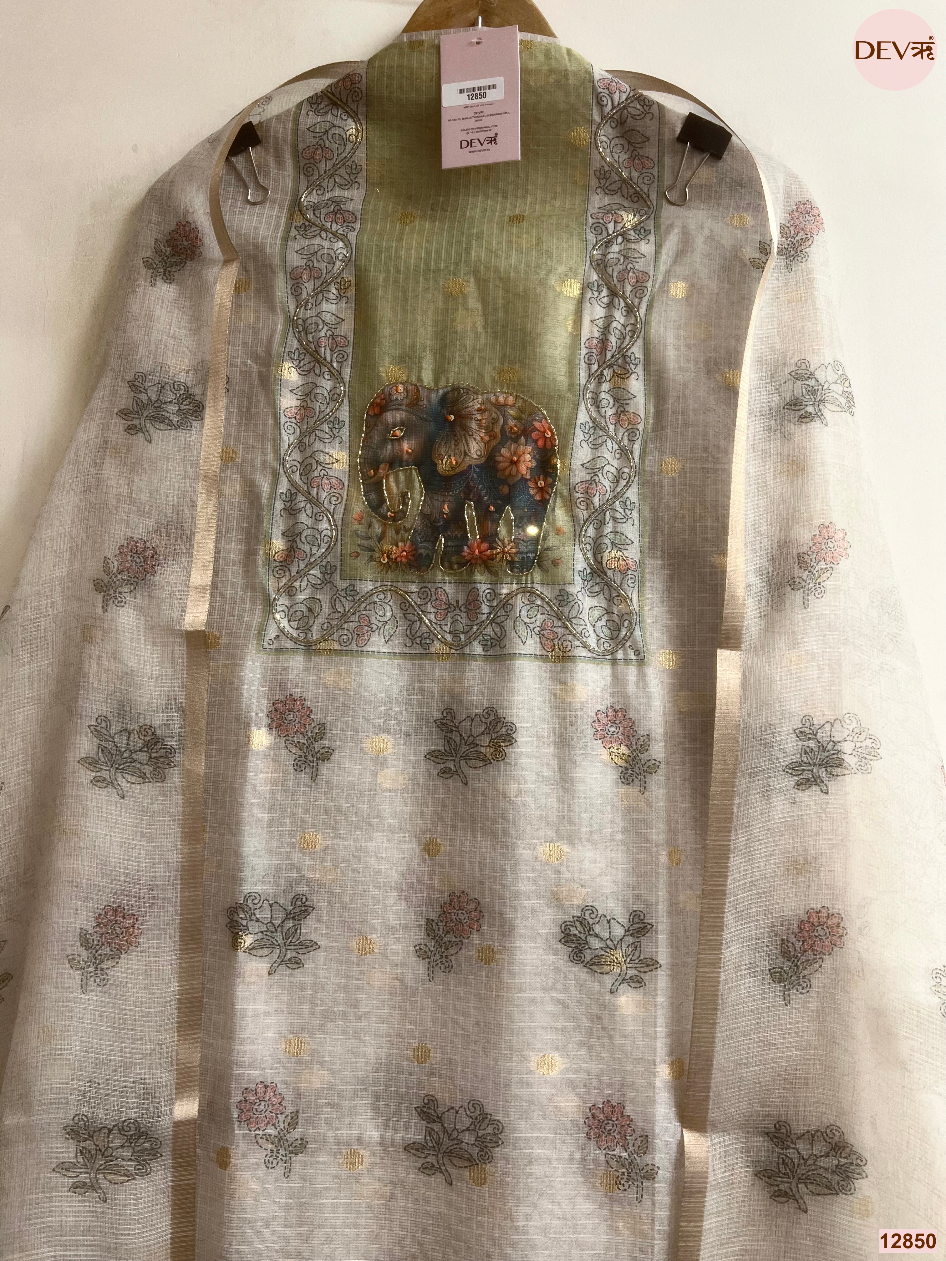 Olive Linen Cotton Printed Unstitched 3-Piece Suit (Devri – D.No 12850)