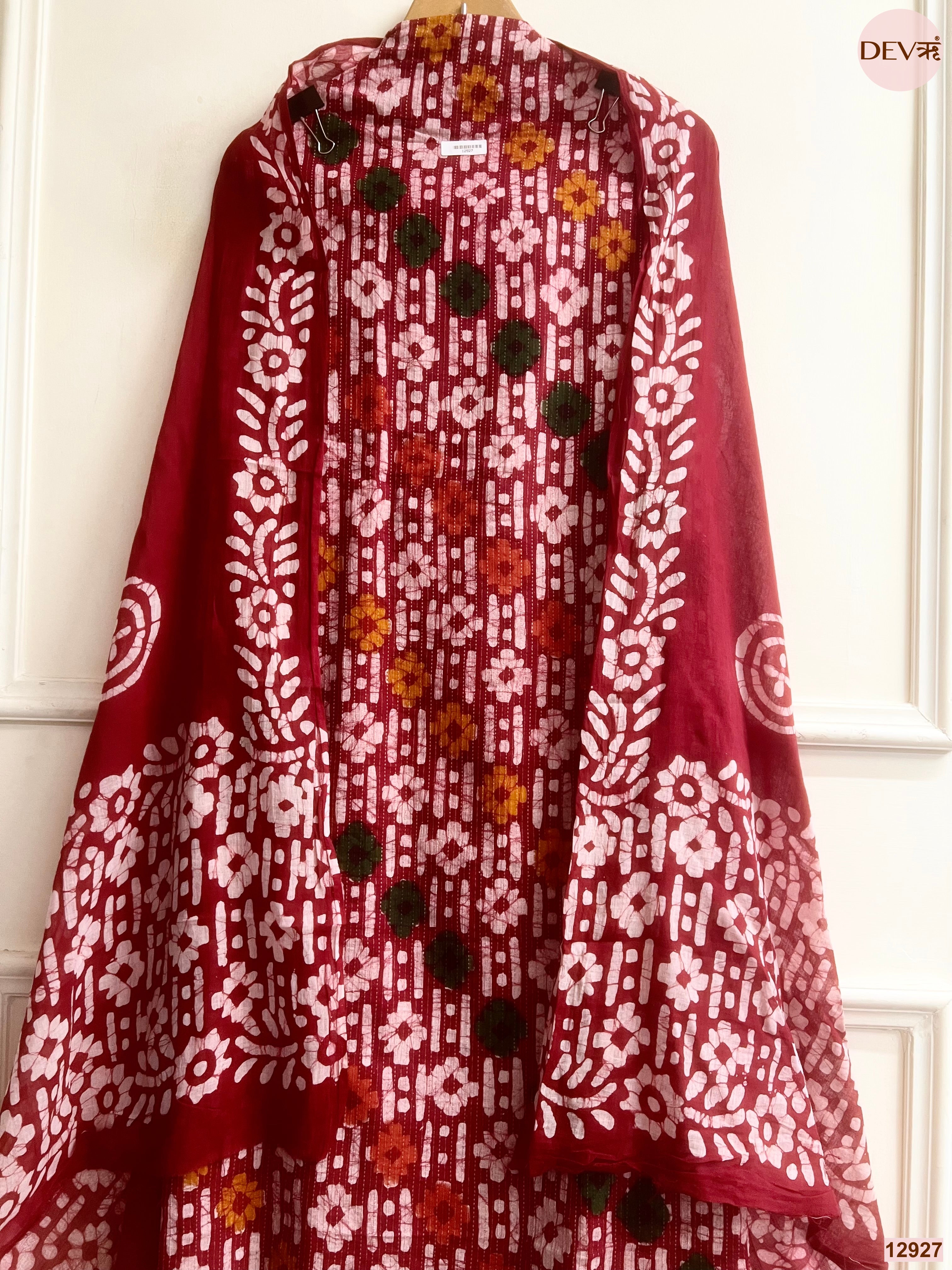 Maroon Cotton Batik Printed Unstitched 3-Piece Suit (Devri – D.No 12927)