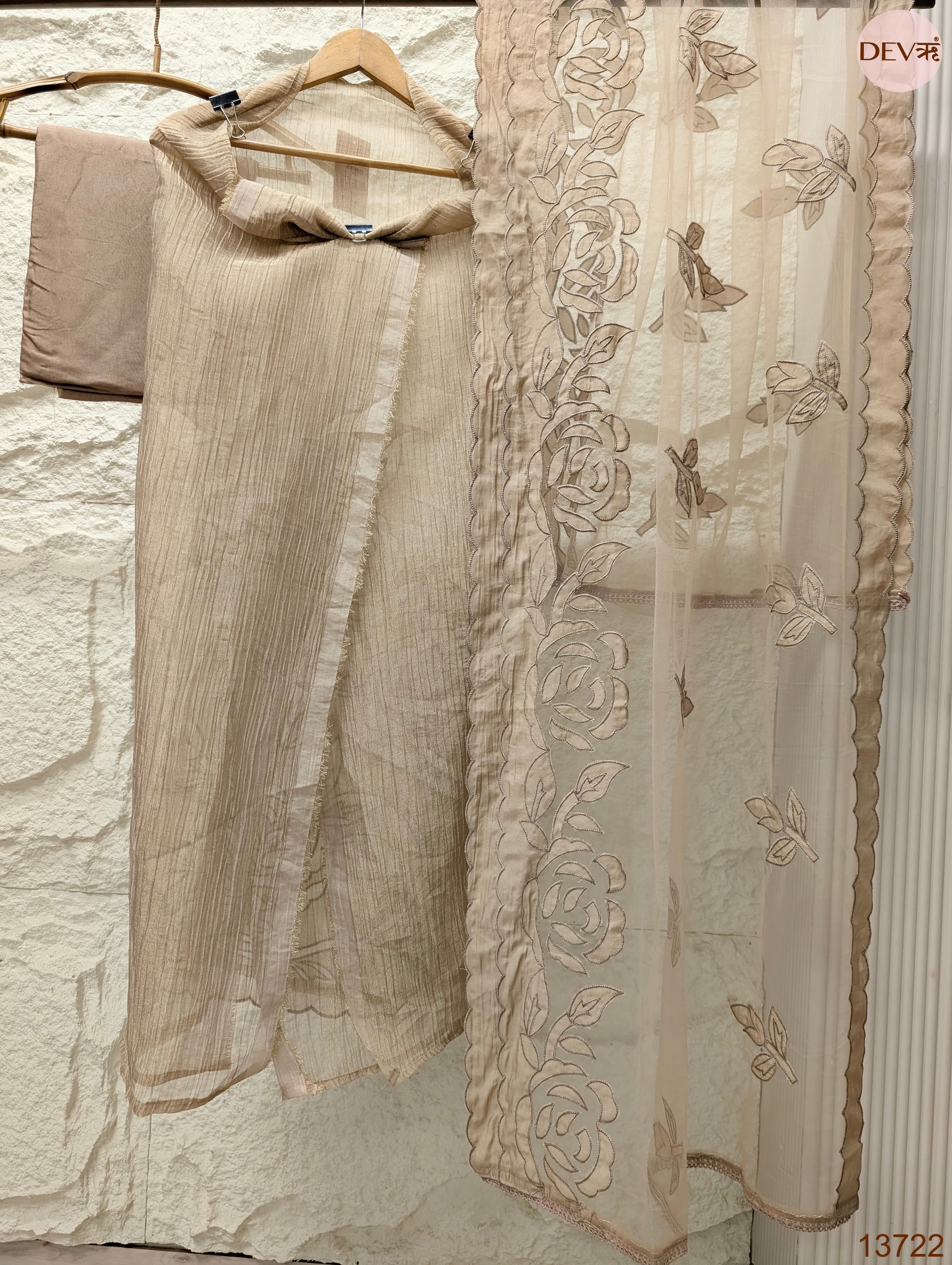 Beige Tissue Silk Embroidered Unstitched 3-Piece Suit (Devri – D.No 13722)