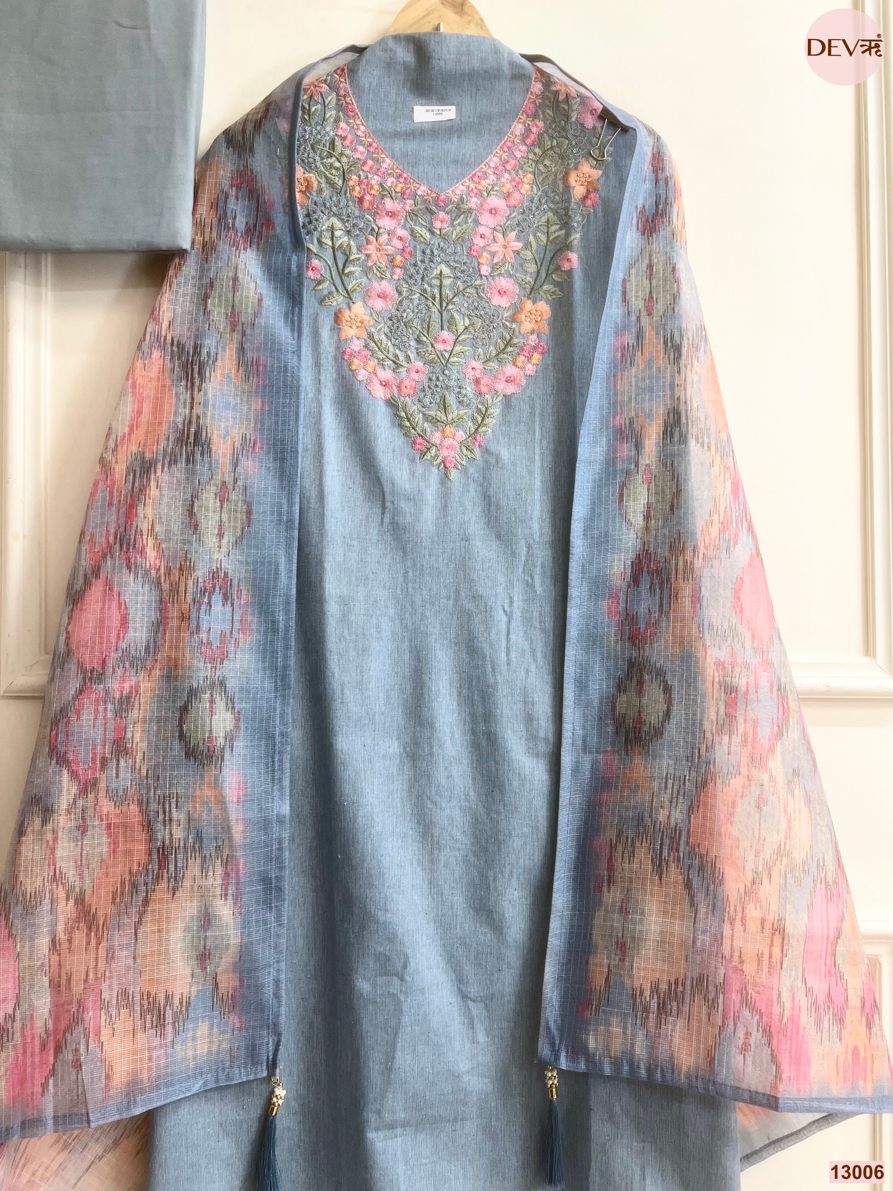 Blue Cotton Handloom Embroidered Unstitched 3-Piece Suit (Devri – D.No 13006)
