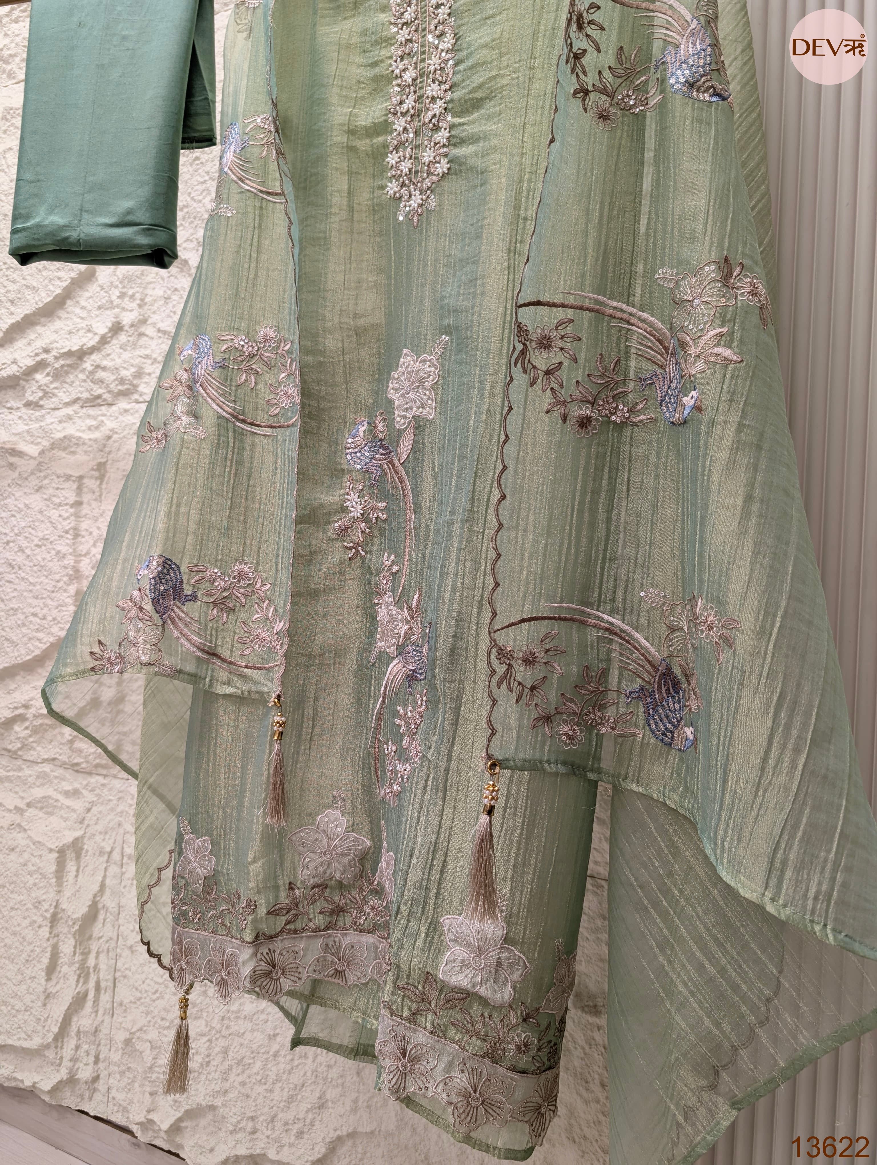 Green Tissue Crush Silk Embroidered Unstitched 3-Piece Suit (Devri – D.No 13622)