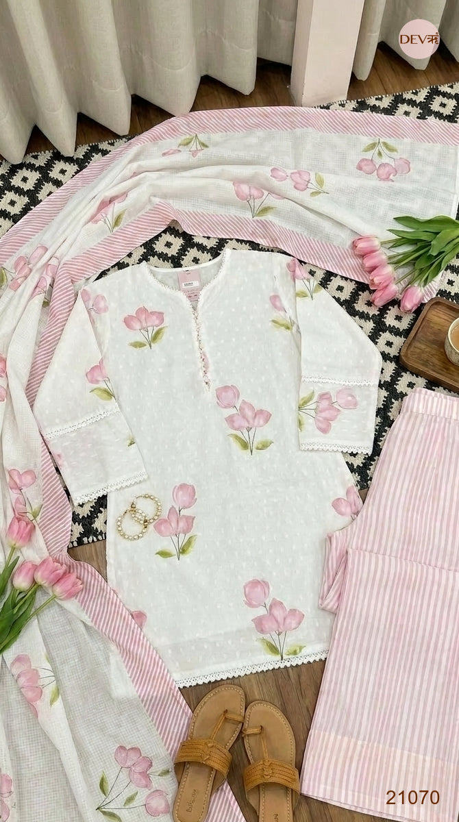 Gulnaar Pure Cotton Printed Pink 3-Piece Set (Devri – D.No 21070)