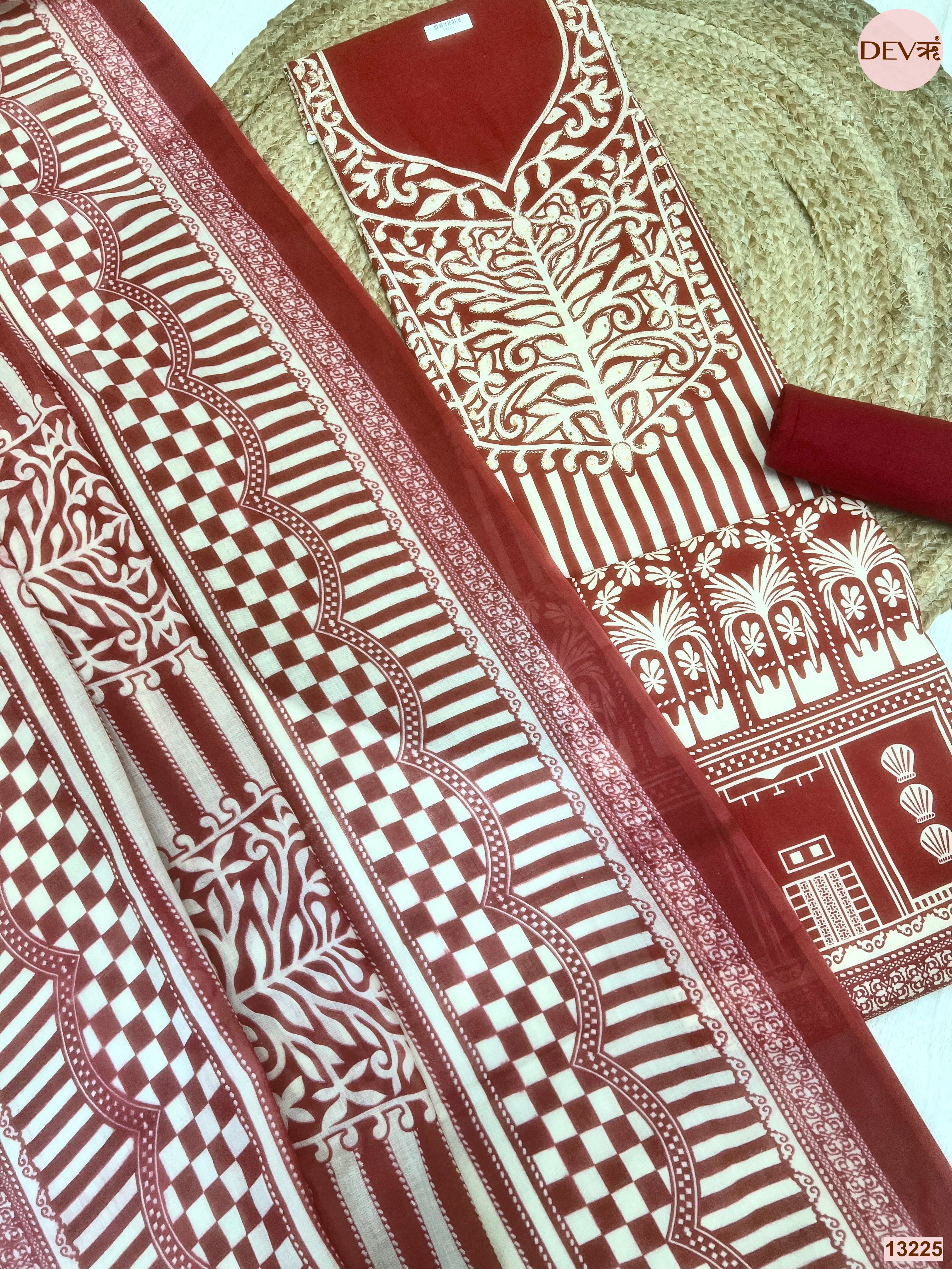 Maroon Cotton Printed Unstitched 3-Piece Suit (Devri – D.No 13225)