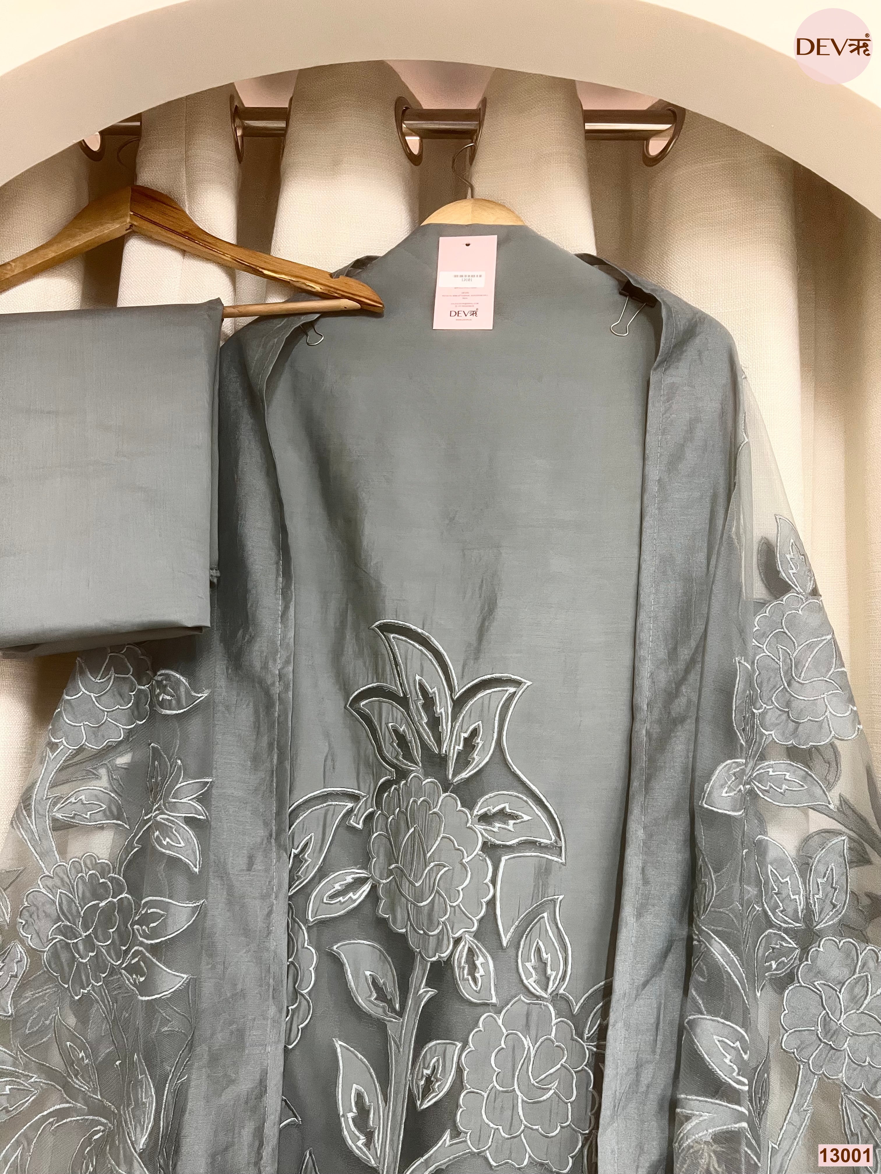 Grey Roman Silk Embroidered Unstitched 3-Piece Suit (Devri – D.No 13001)