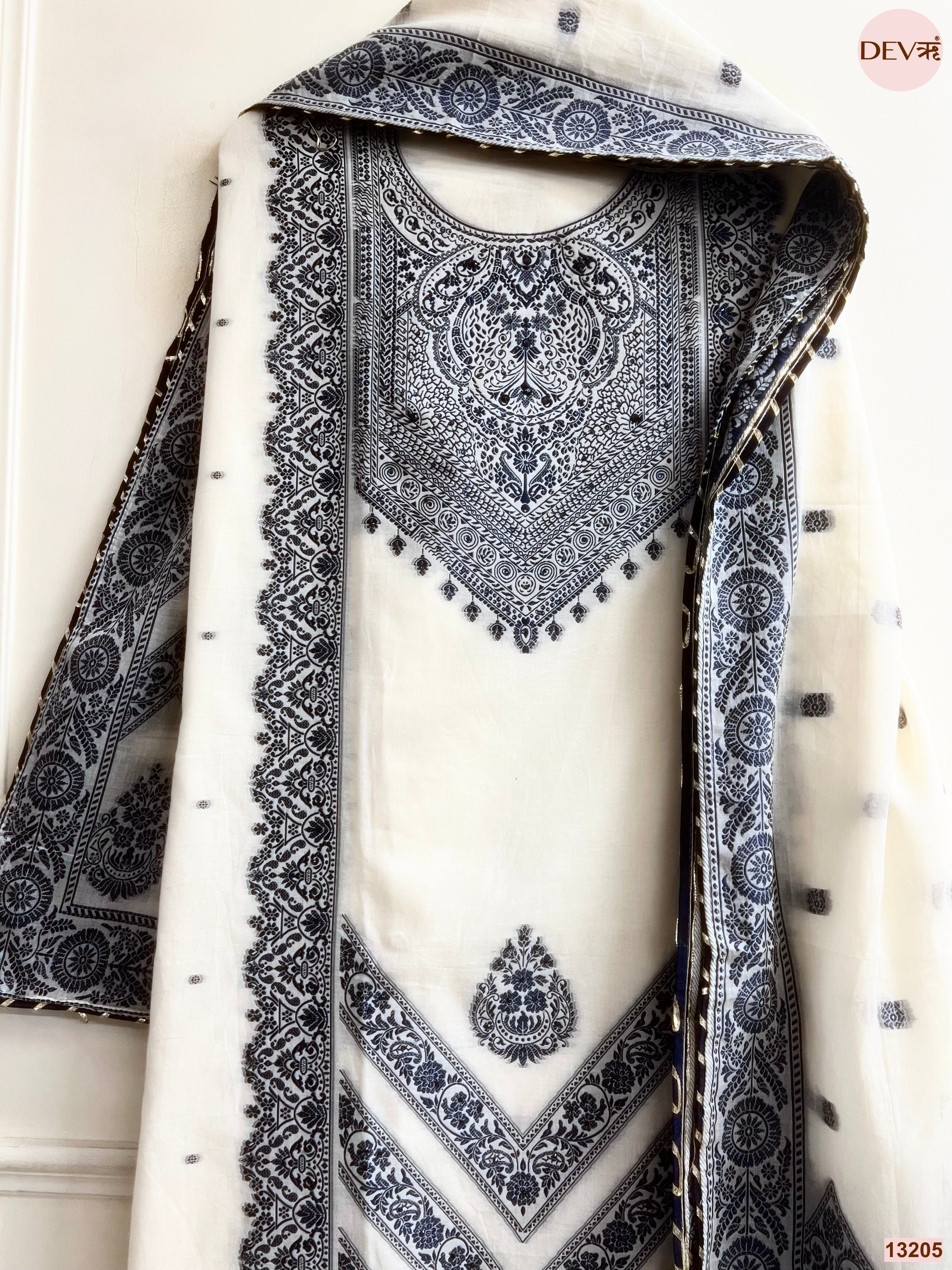 Off White Jamdani Cotton Printed Unstitched 3-Piece Suit (Devri – D.No 13205)