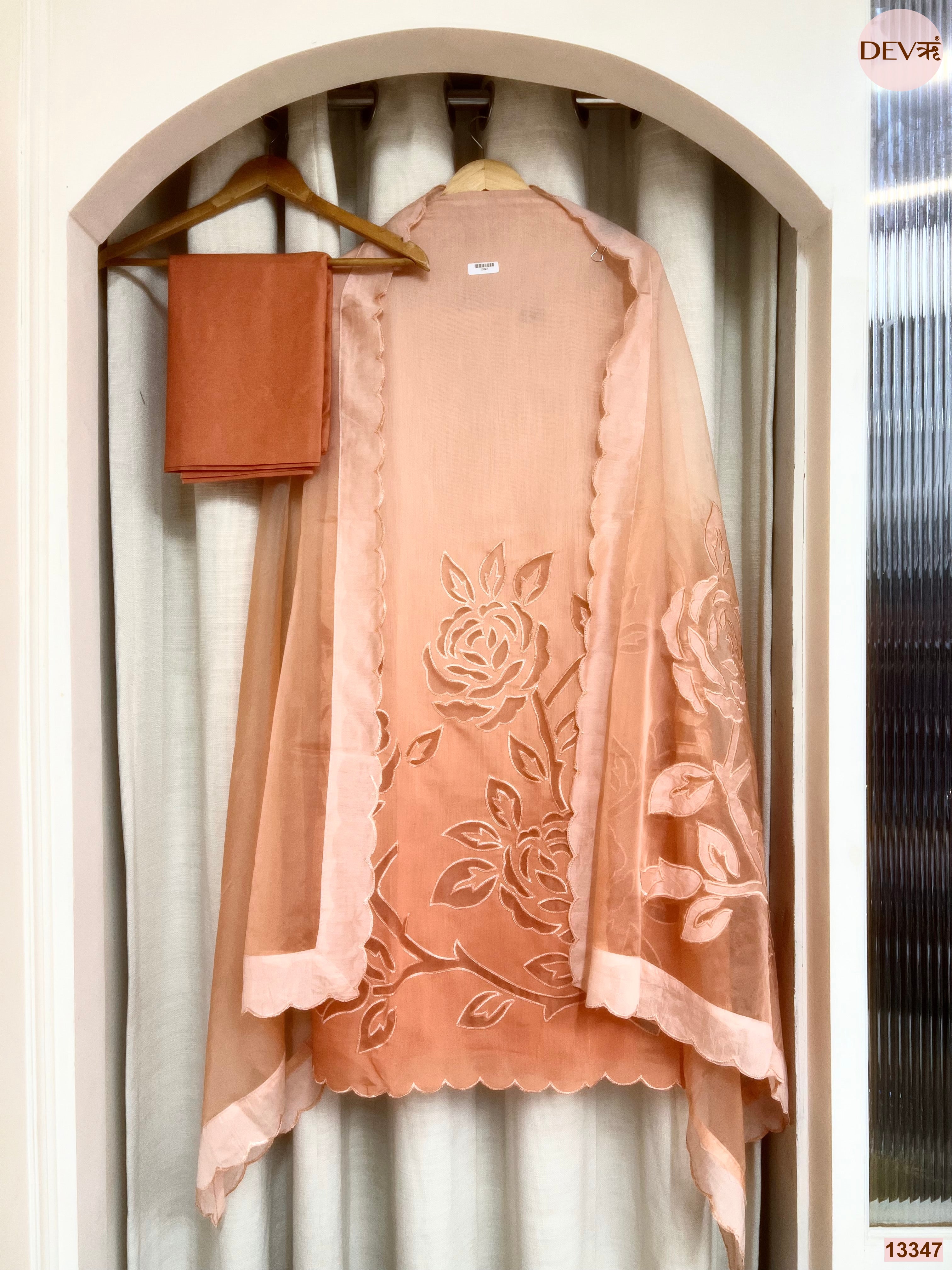 Peach Mul Chanderi Embroidered Unstitched 3-Piece Suit (Devri – D.No 13347)