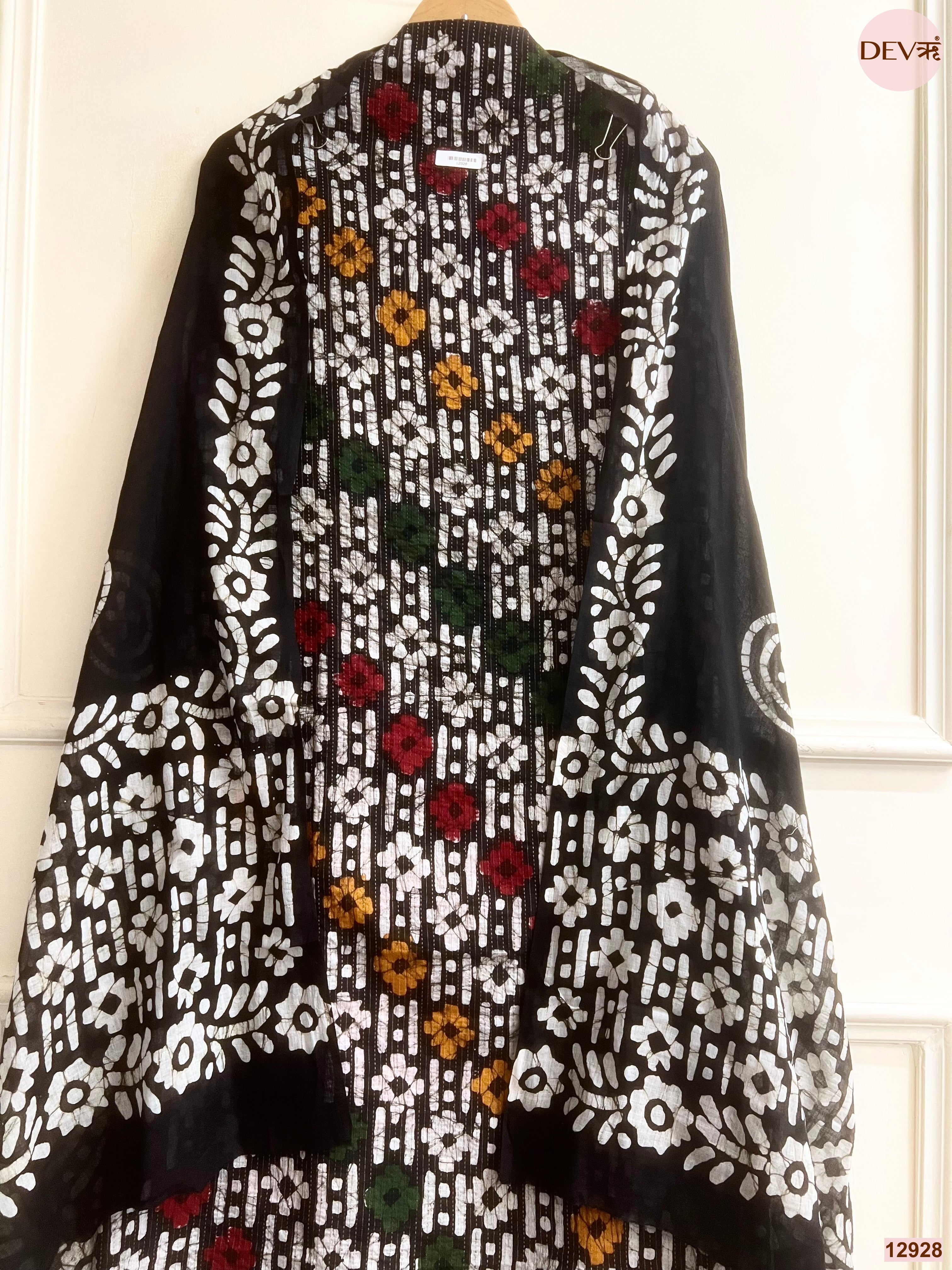 Black Cotton Batik Printed Unstitched 3-Piece Suit (Devri – D.No 12928)
