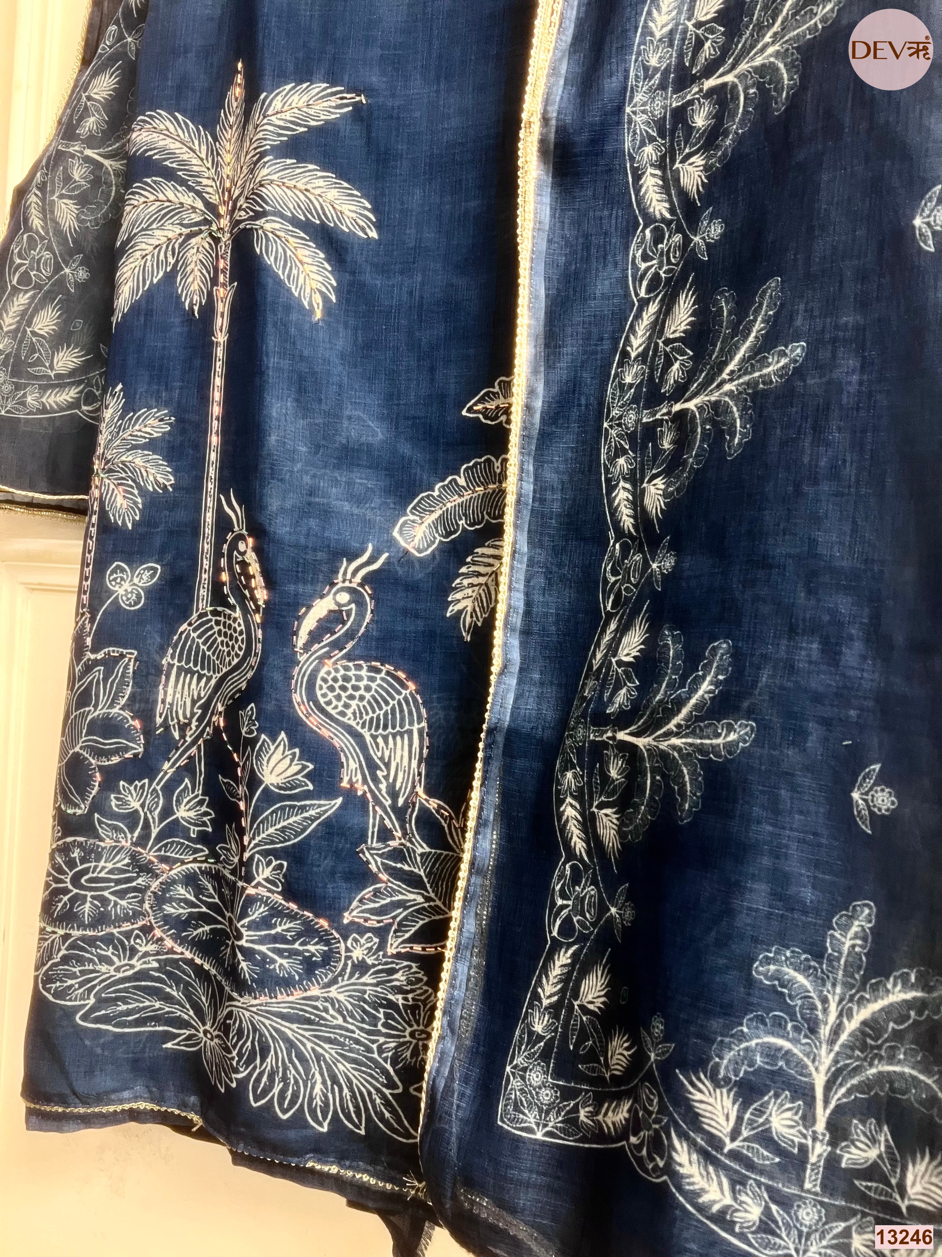 Navy Linen Cotton Printed Unstitched 3-Piece Suit (Devri – D.No 13246)