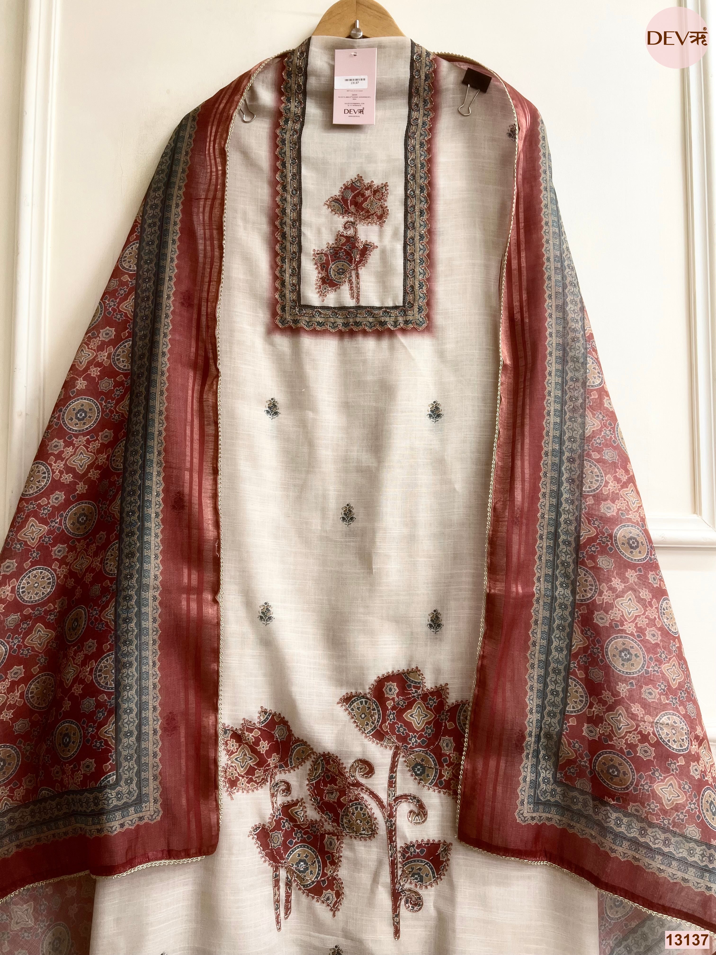 Cream Linen Printed Unstitched 3-Piece Suit (Devri – D.No 13137)