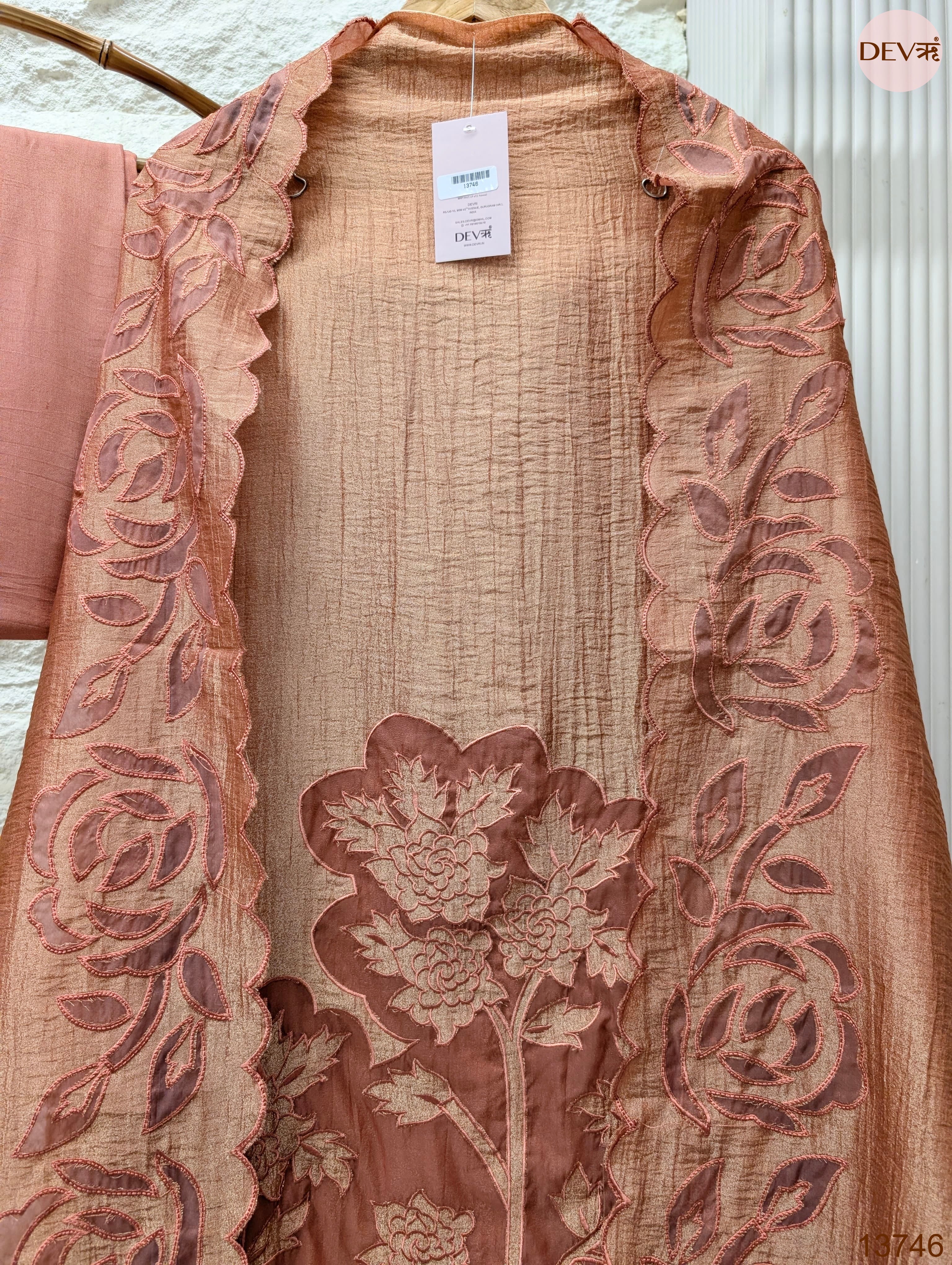 Peach Tissue Crush Silk Embroidered Unstitched 3-Piece Suit (Devri – D.No 13746)