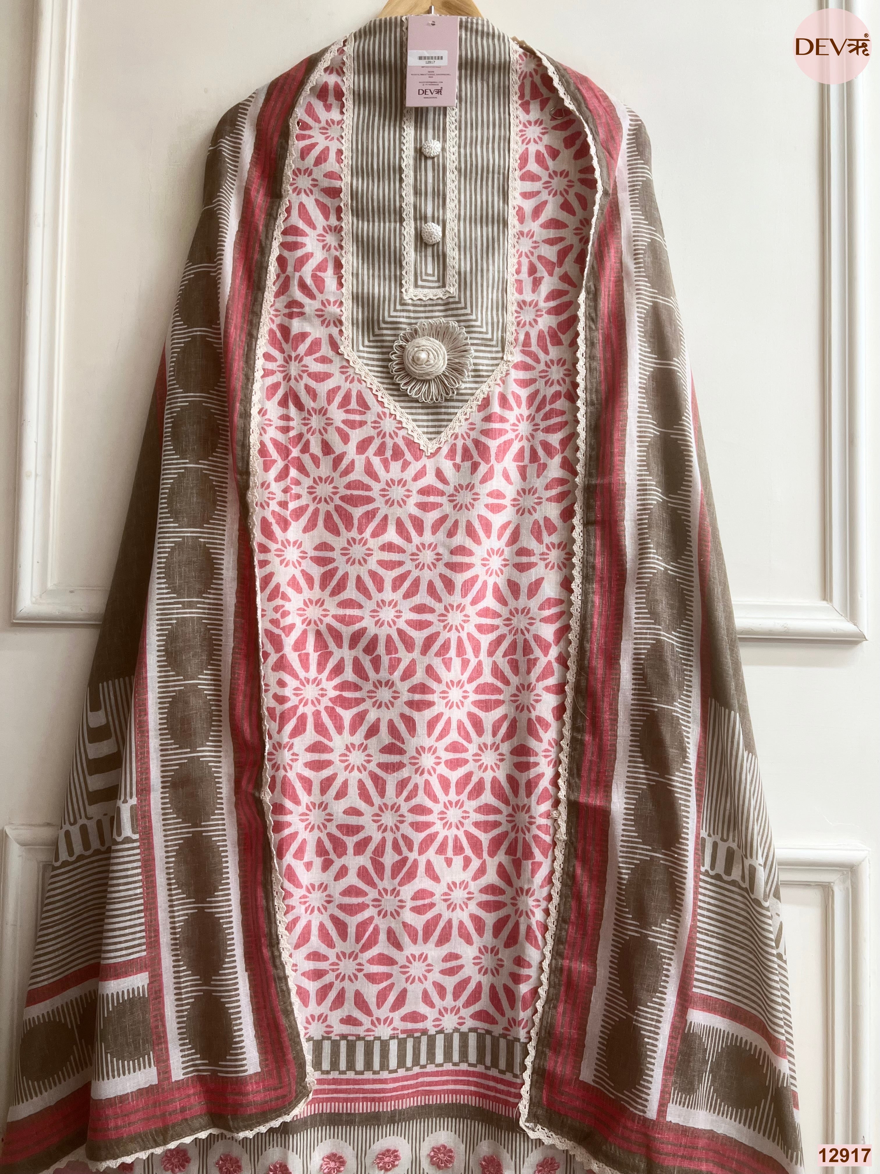 Pink Cotton Khadi Printed Unstitched 3-Piece Suit (Devri – D.No 12917)