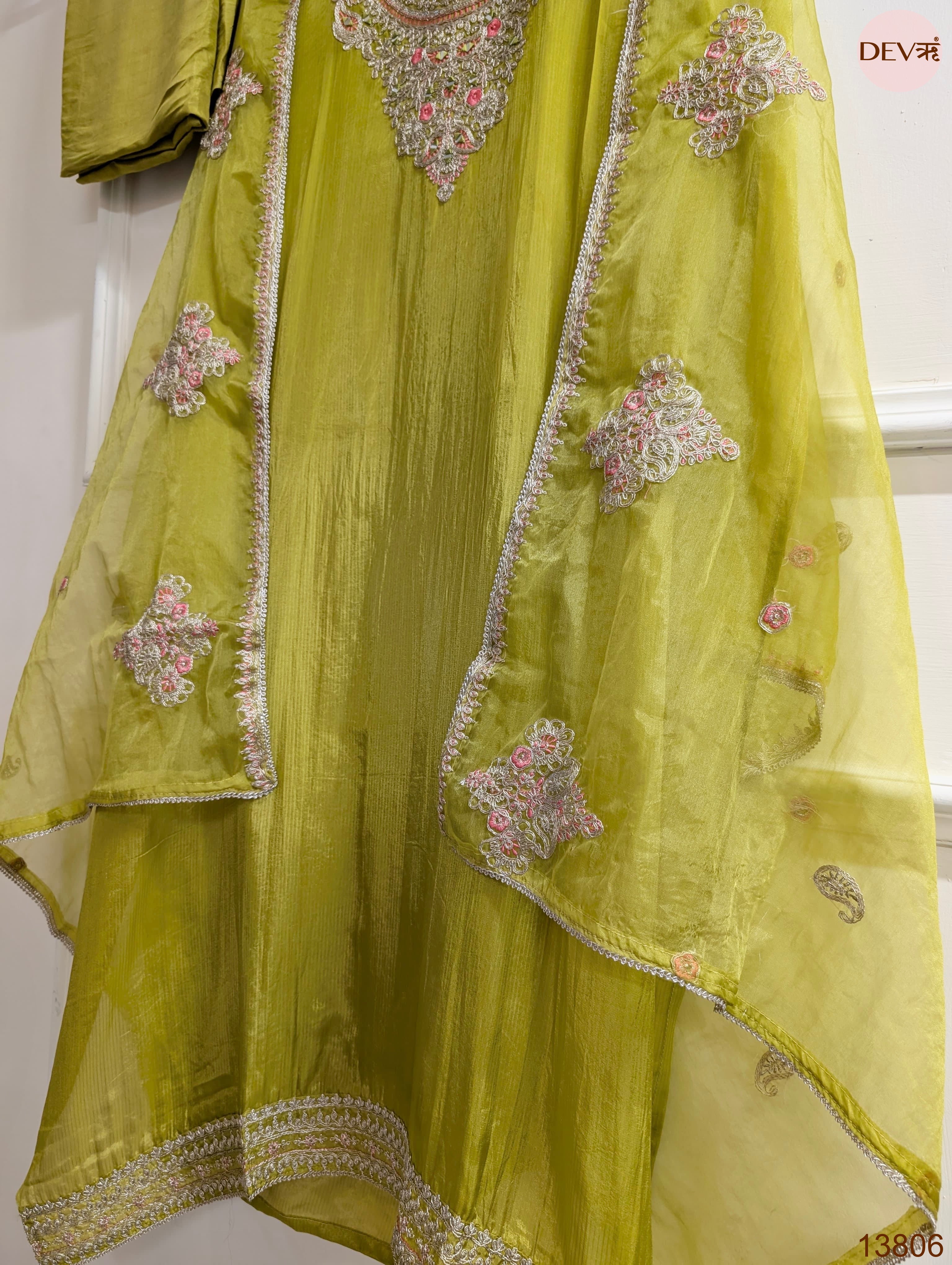 Olive Tissue Organza Silk Embroidered Unstitched 3-Piece Suit (Devri – D.No 13806)