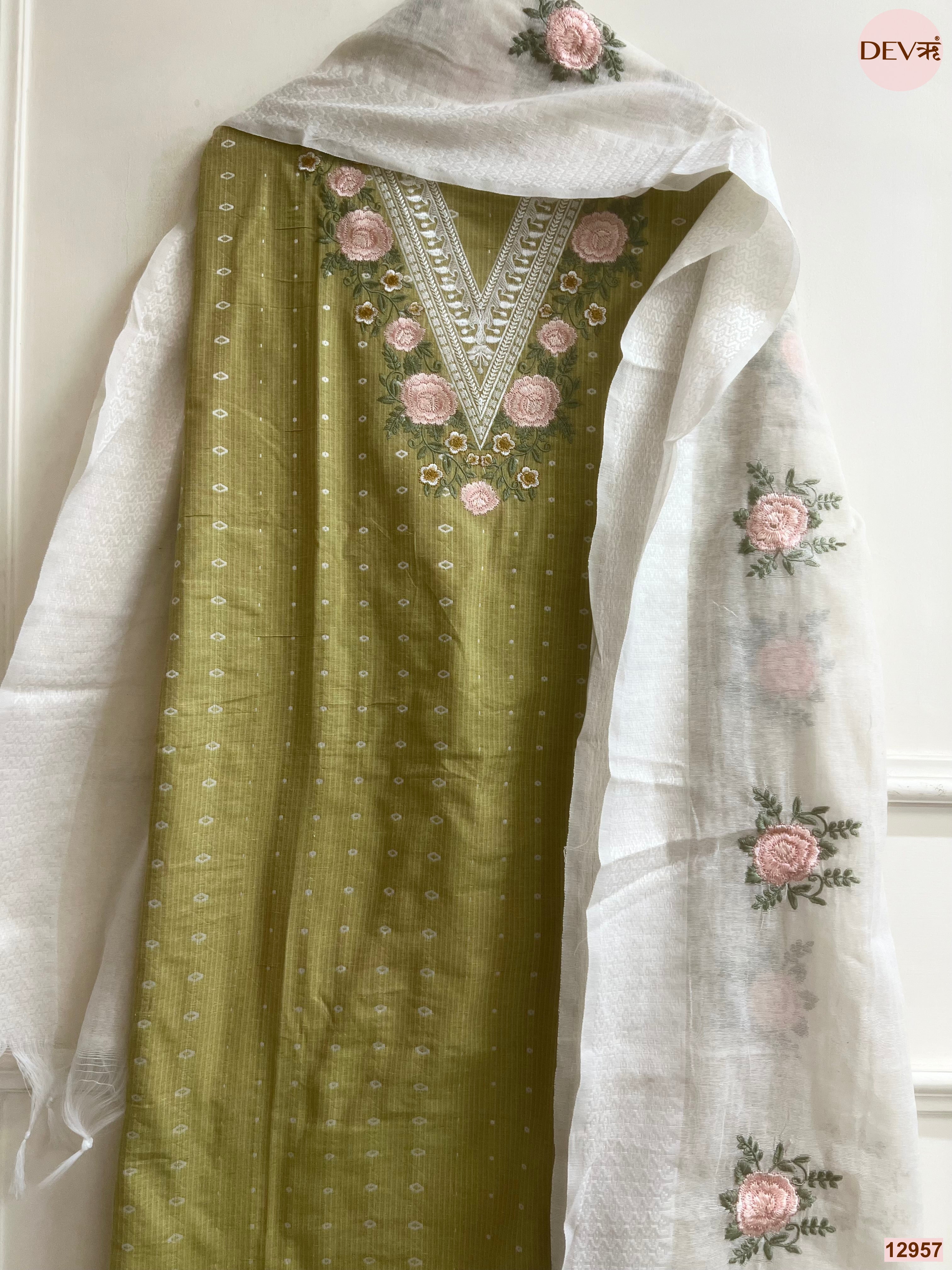 Olive Cotton Handloom Embroidered Unstitched 3-Piece Suit (Devri – D.No 12957)