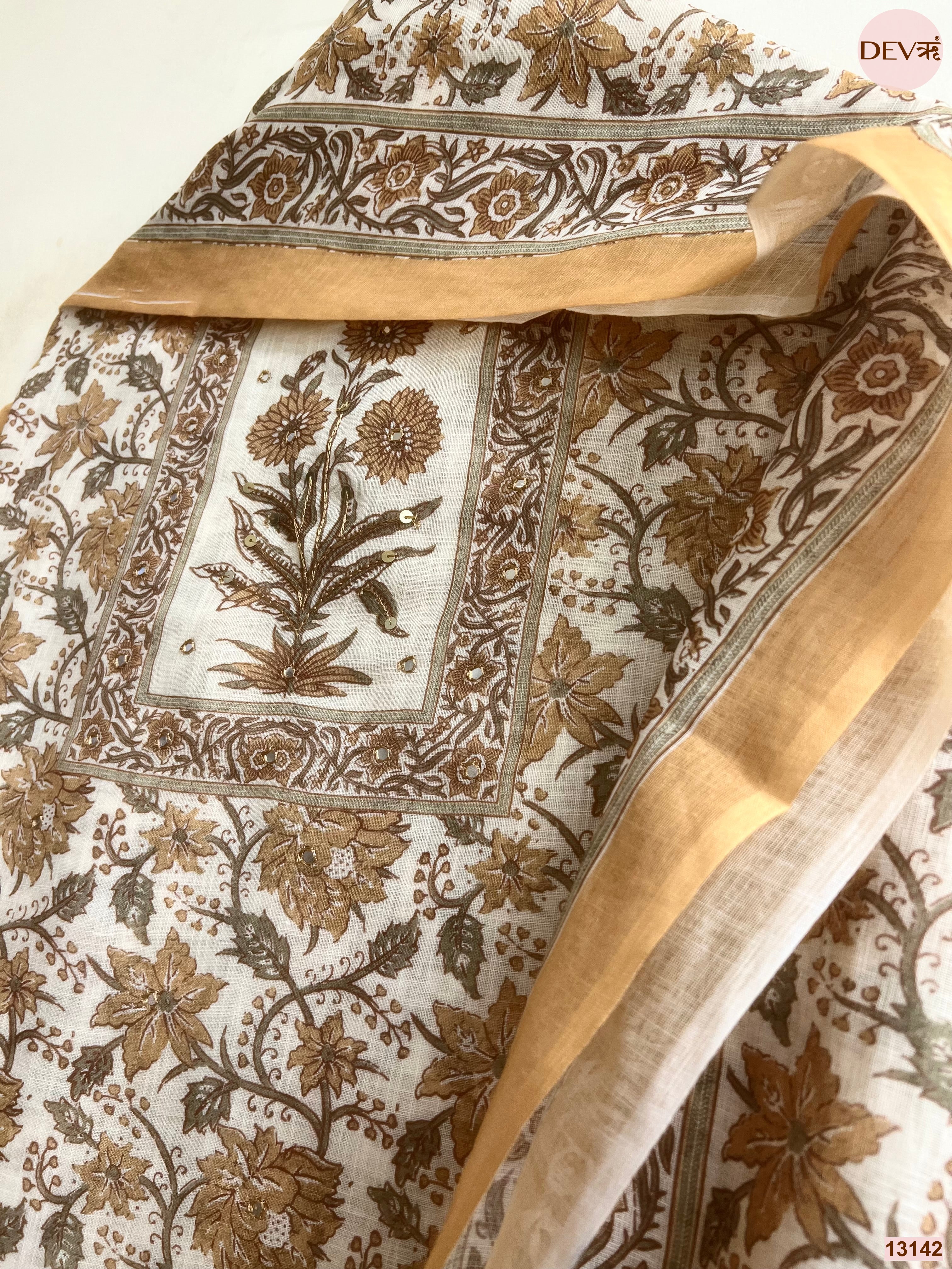 Cream Linen Printed Unstitched 3-Piece Suit (Devri – D.No 13142)