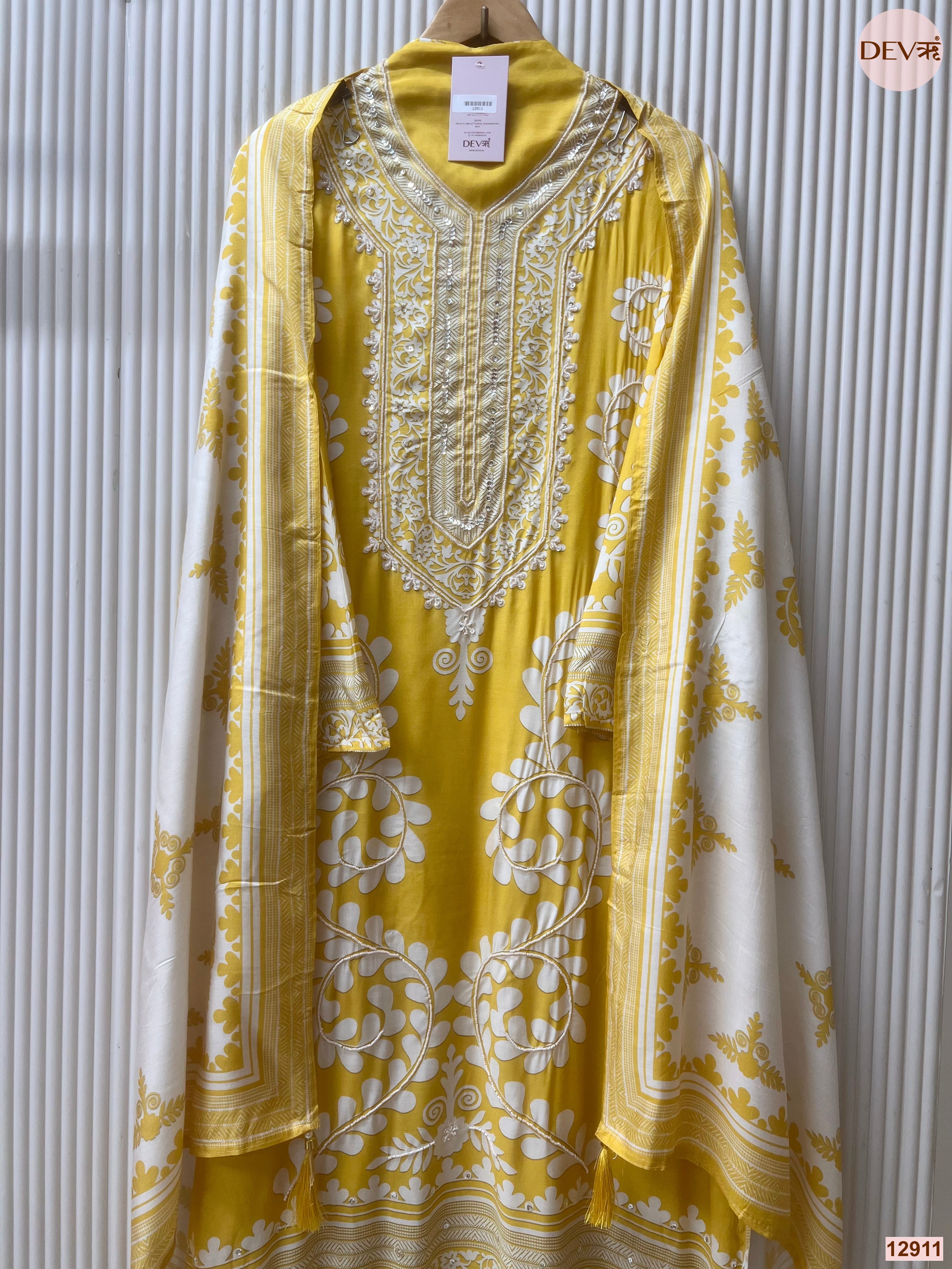 Yellow Muslin Printed Unstitched 3-Piece Suit (Devri – D.No 12911)