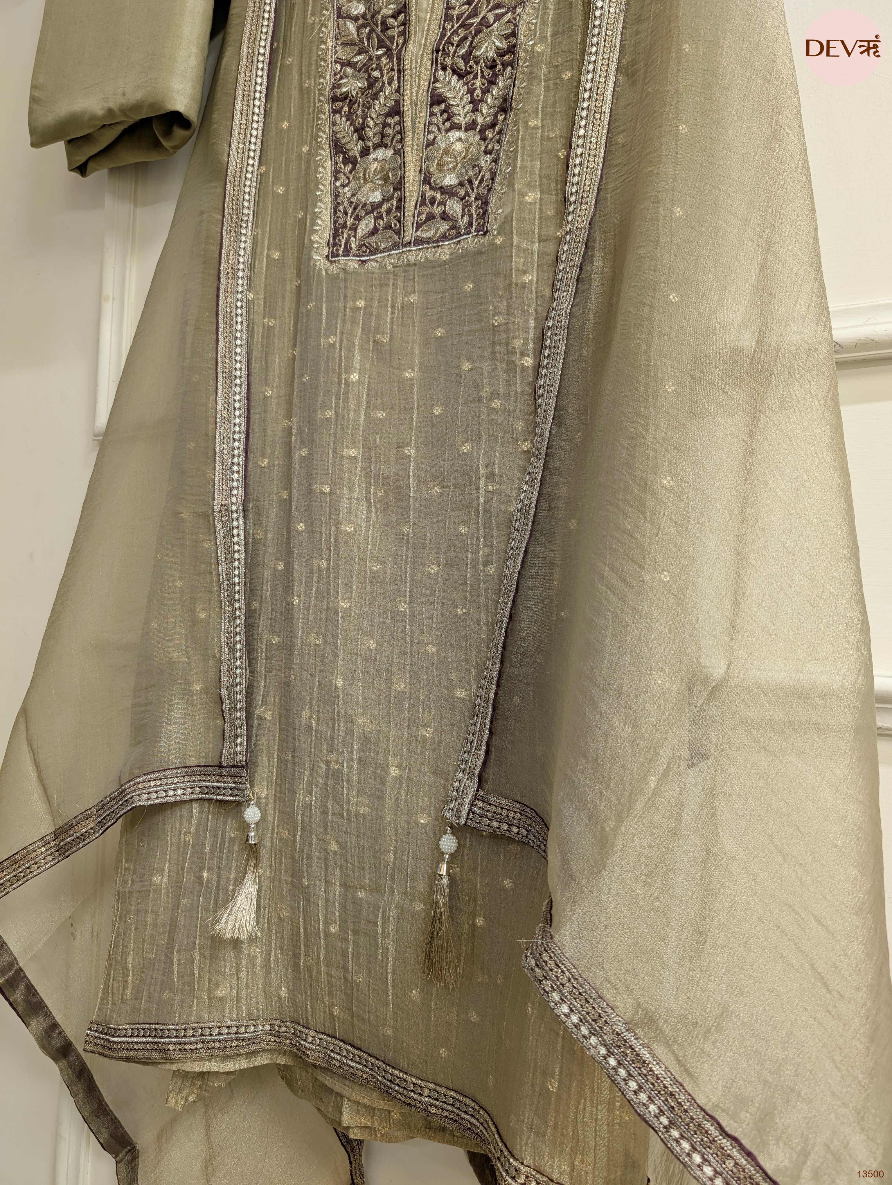 Olive Tissue Silk Embroidered Unstitched 3-Piece Suit (Devri – D.No 13500)