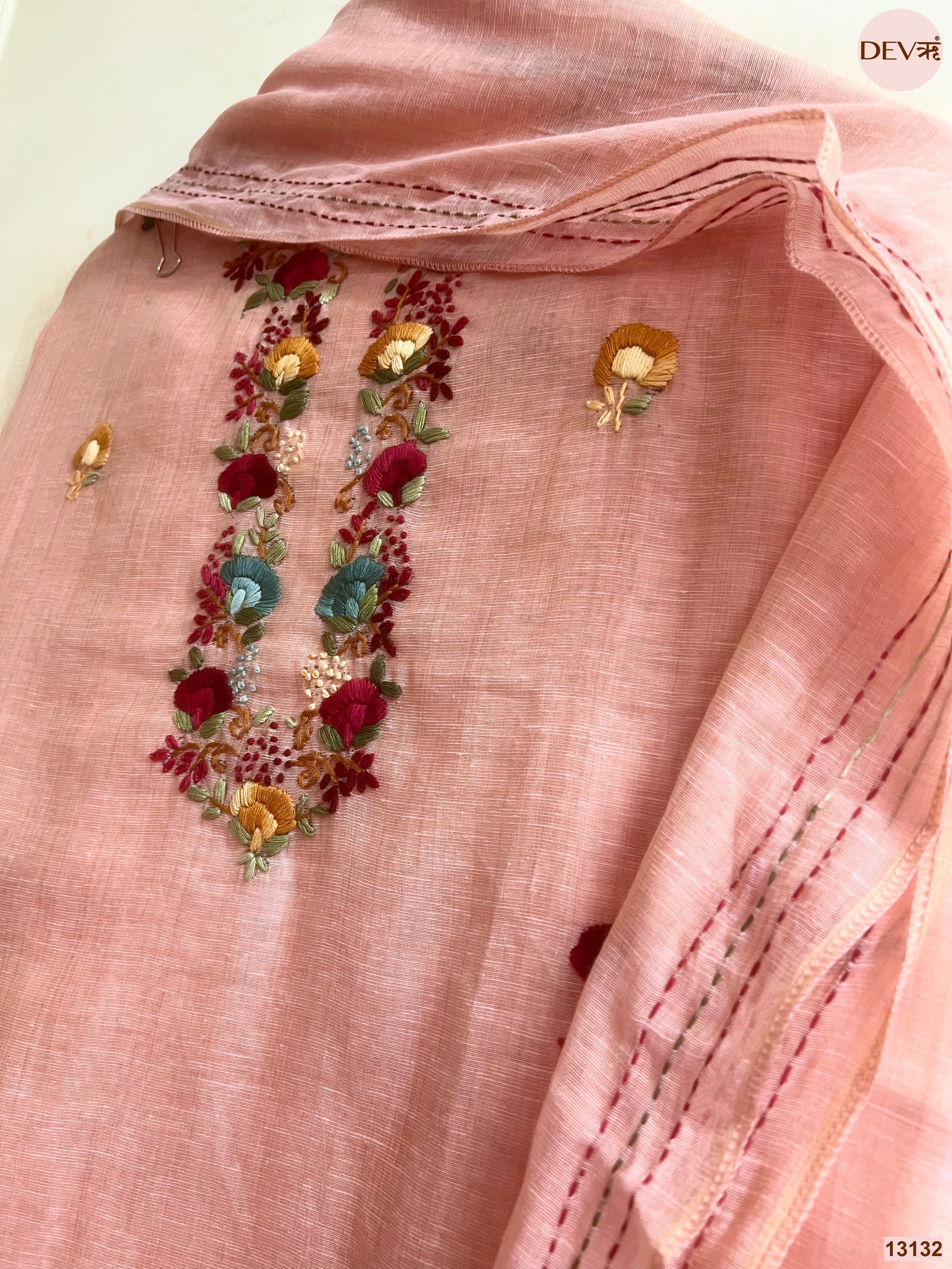 Peach Jamdani Cotton Embroidered Unstitched 3-Piece Suit (Devri – D.No 13132)