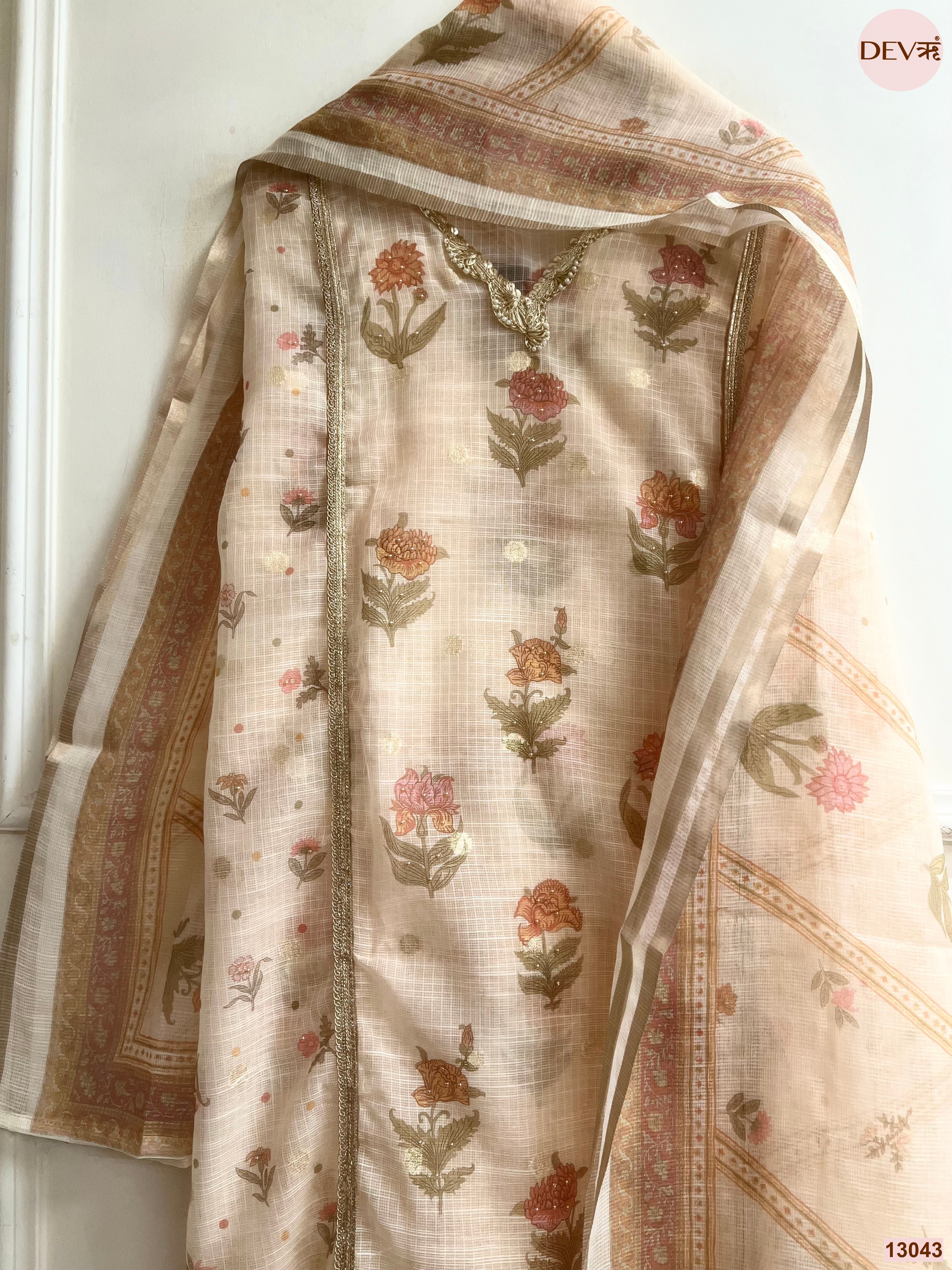 Beige Kota Printed Unstitched 3-Piece Suit (Devri – D.No 13043)