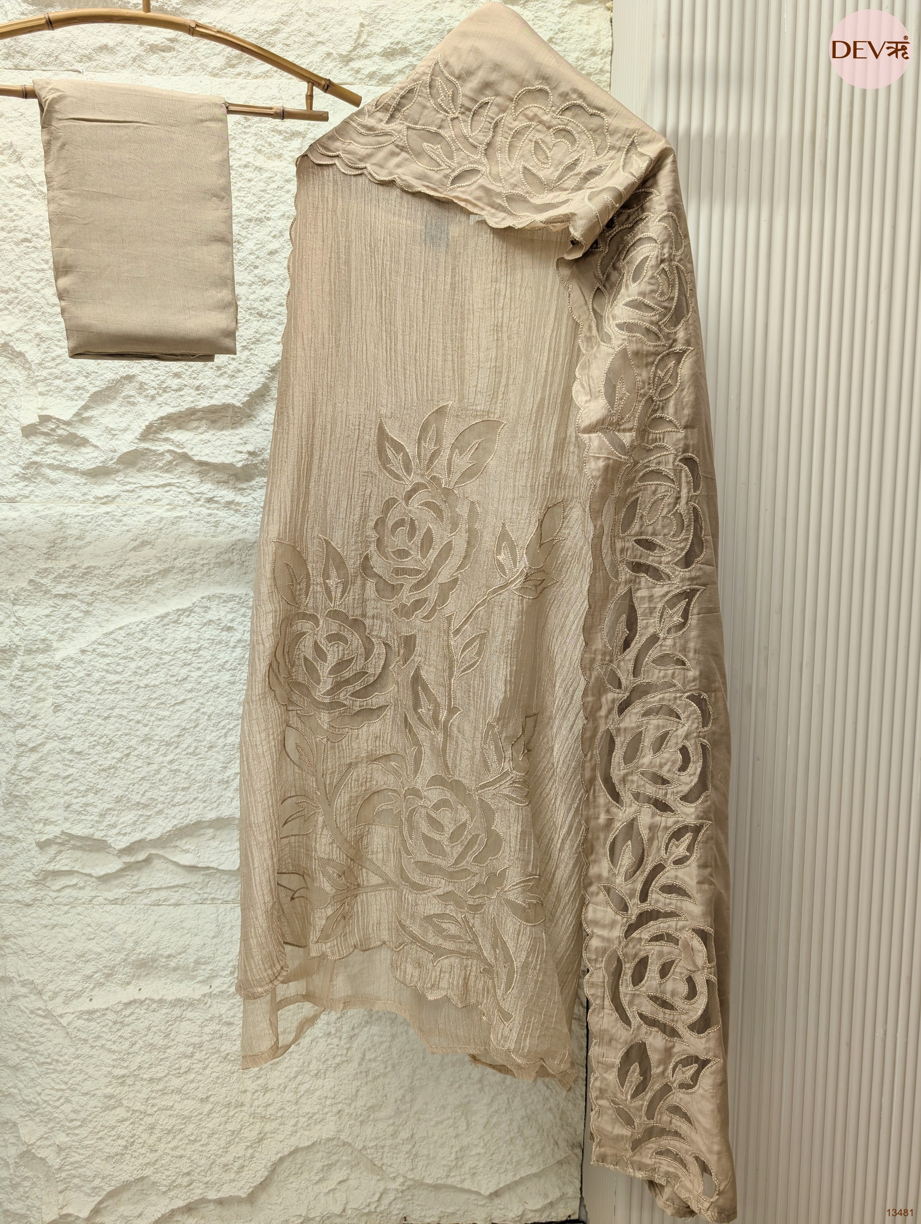 Beige Tissue Crush Silk Embroidered Unstitched 3-Piece Suit (Devri – D.No 13481)