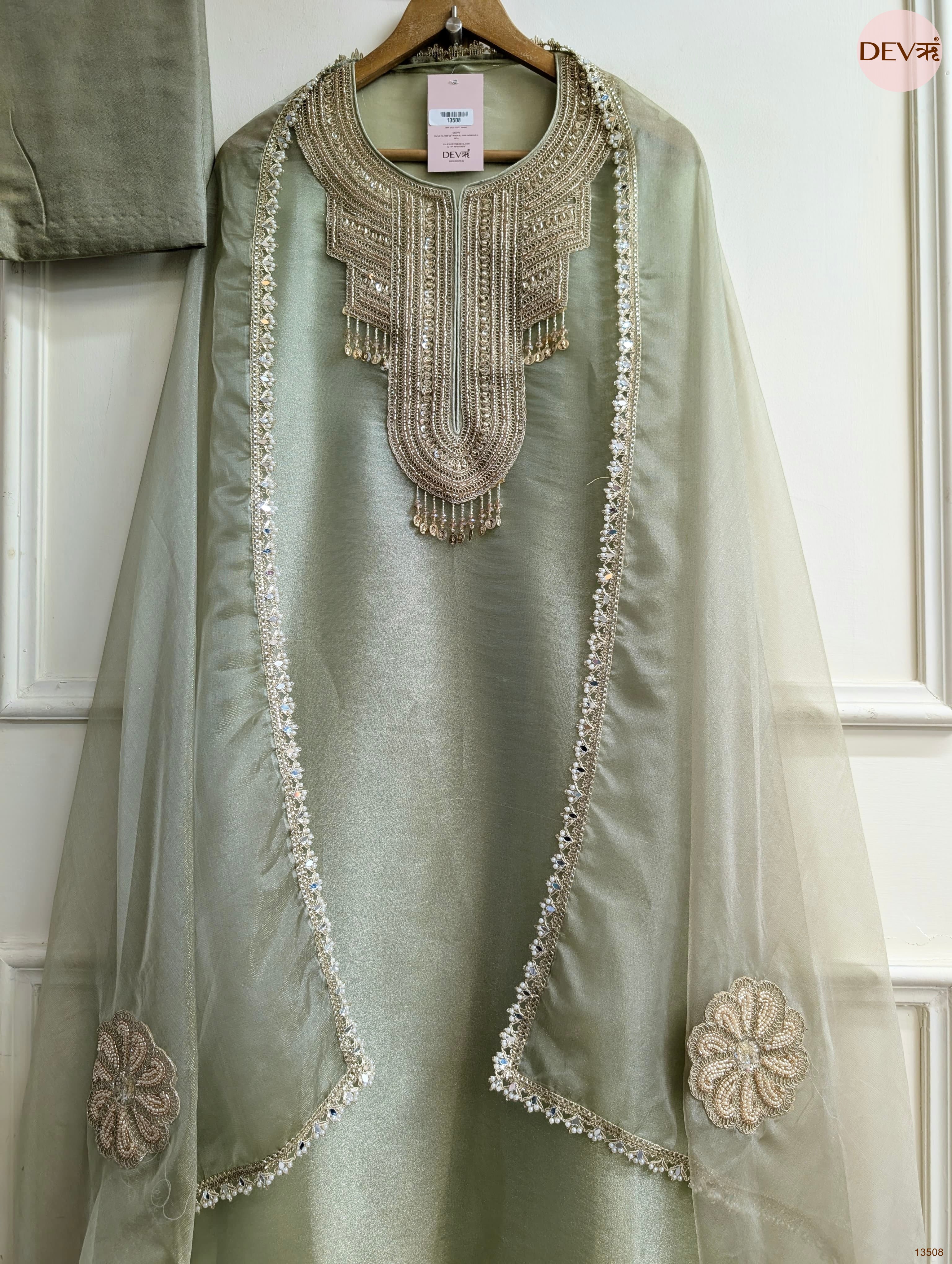 Sage Tissue Silk Hand Unstitched 3-Piece Suit (Devri – D.No 13508)