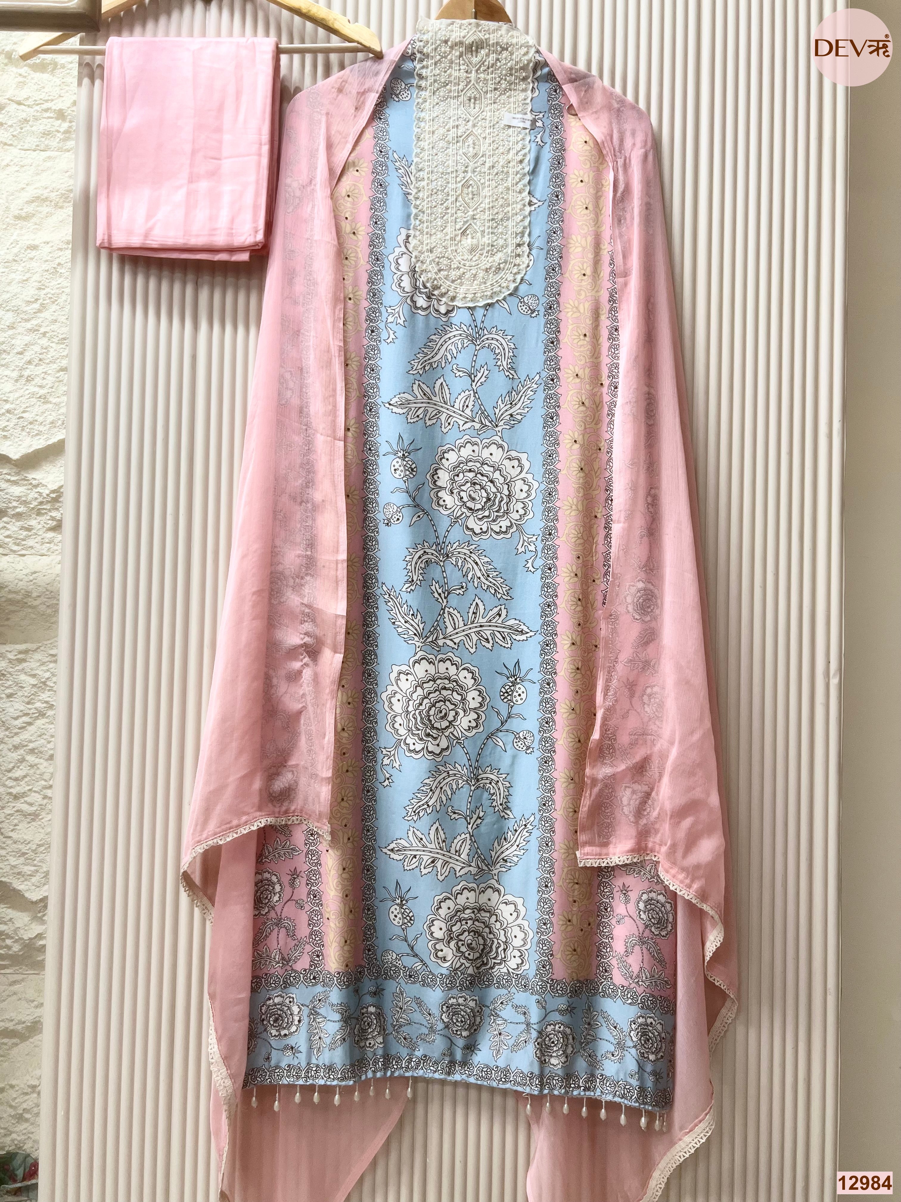 Blue Muslin Printed Unstitched 3-Piece Suit (Devri – D.No 12984)