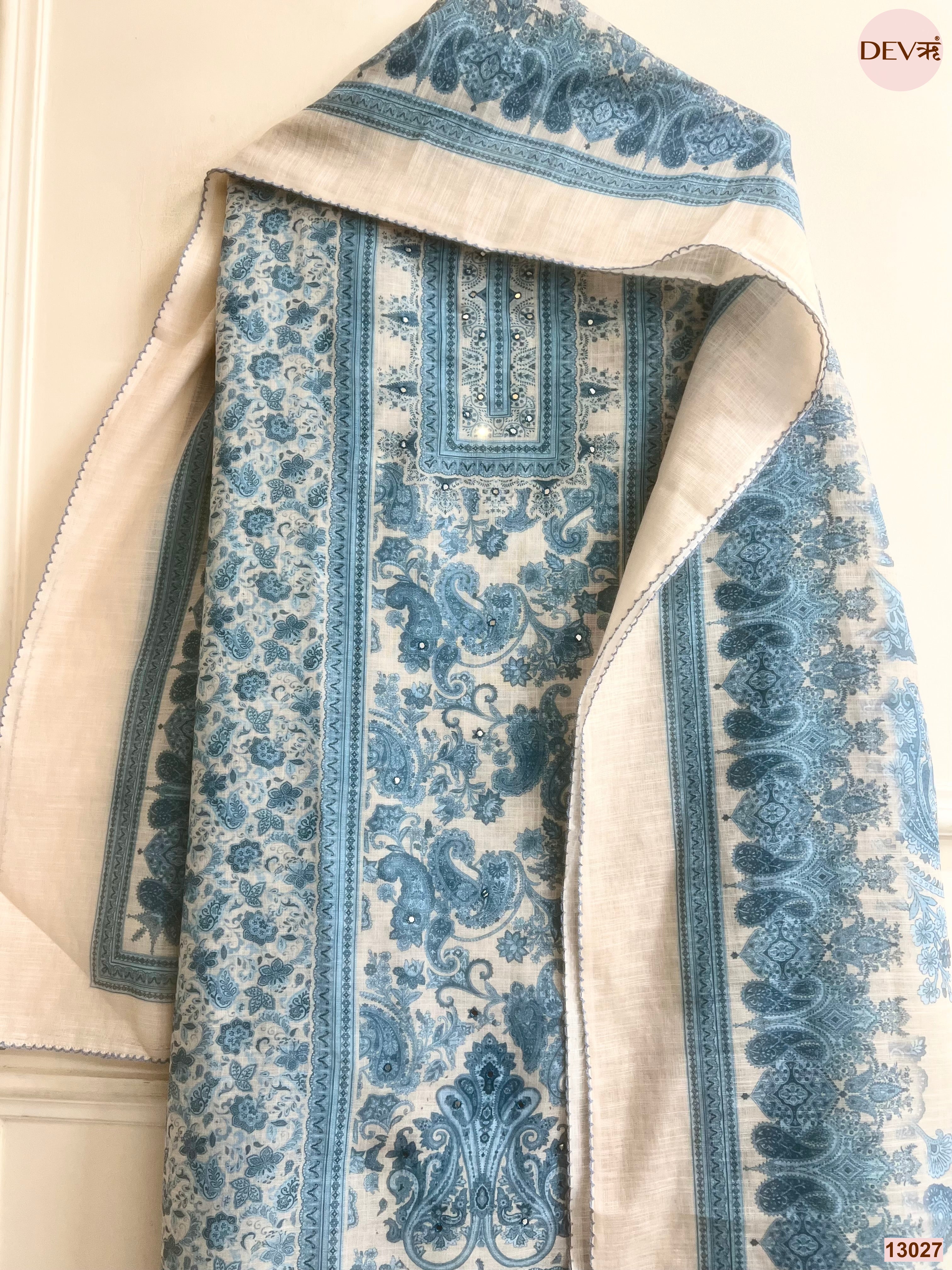 Off White Linen Printed Unstitched 3-Piece Suit (Devri – D.No 13027)