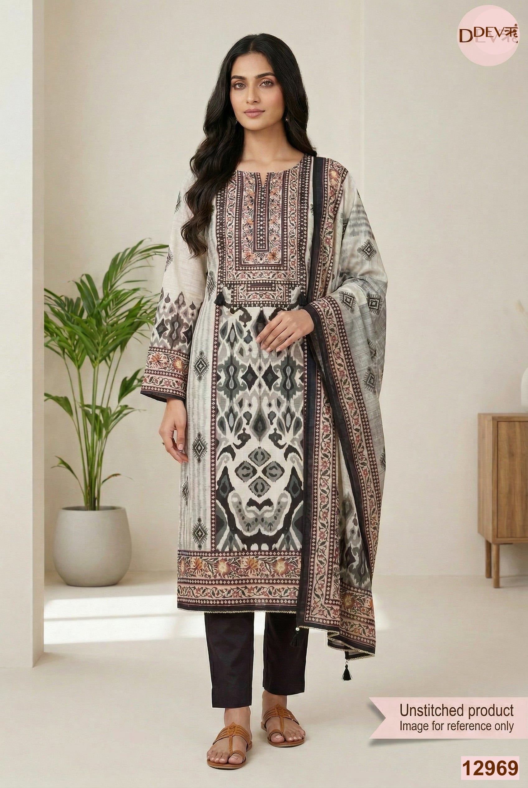 Off White Linen Cotton Printed Unstitched 3-Piece Suit (Devri – D.No 12969)