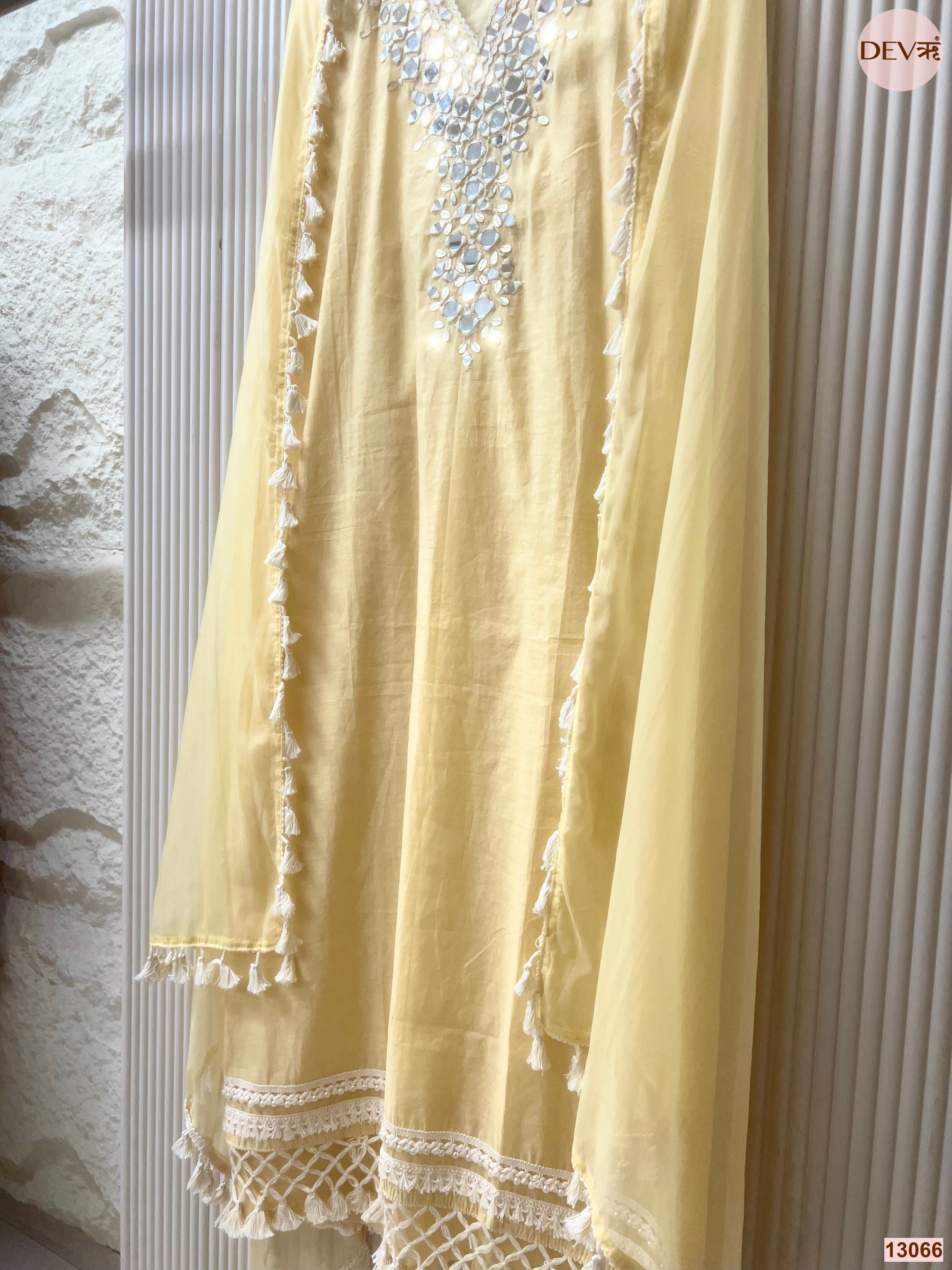 Yellow Mul Cotton Hand Unstitched 3-Piece Suit (Devri – D.No 13066)
