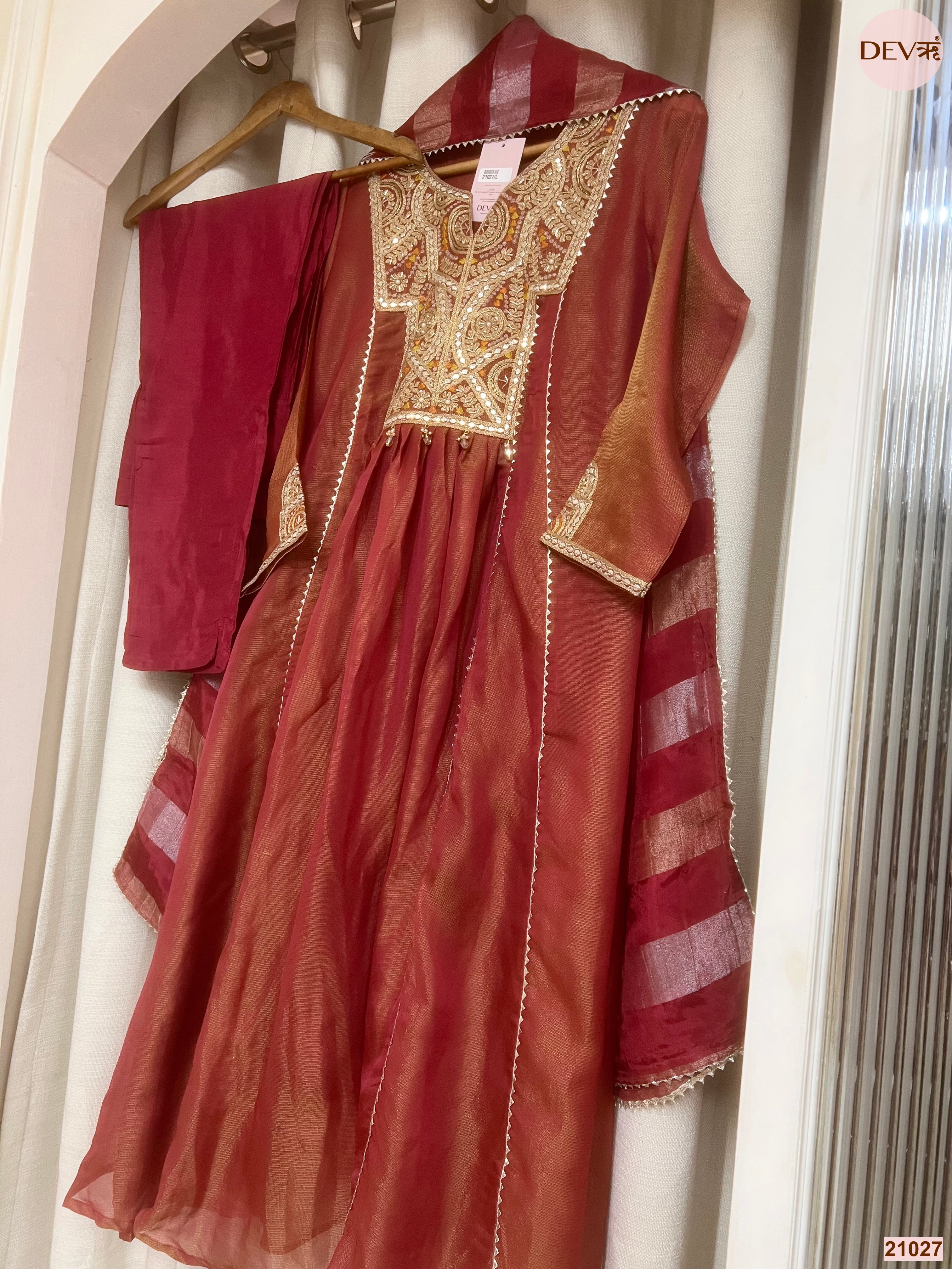 Zarmina Tissue silk Embroidered Rust 3-Piece Set (Devri – D.No 21027)