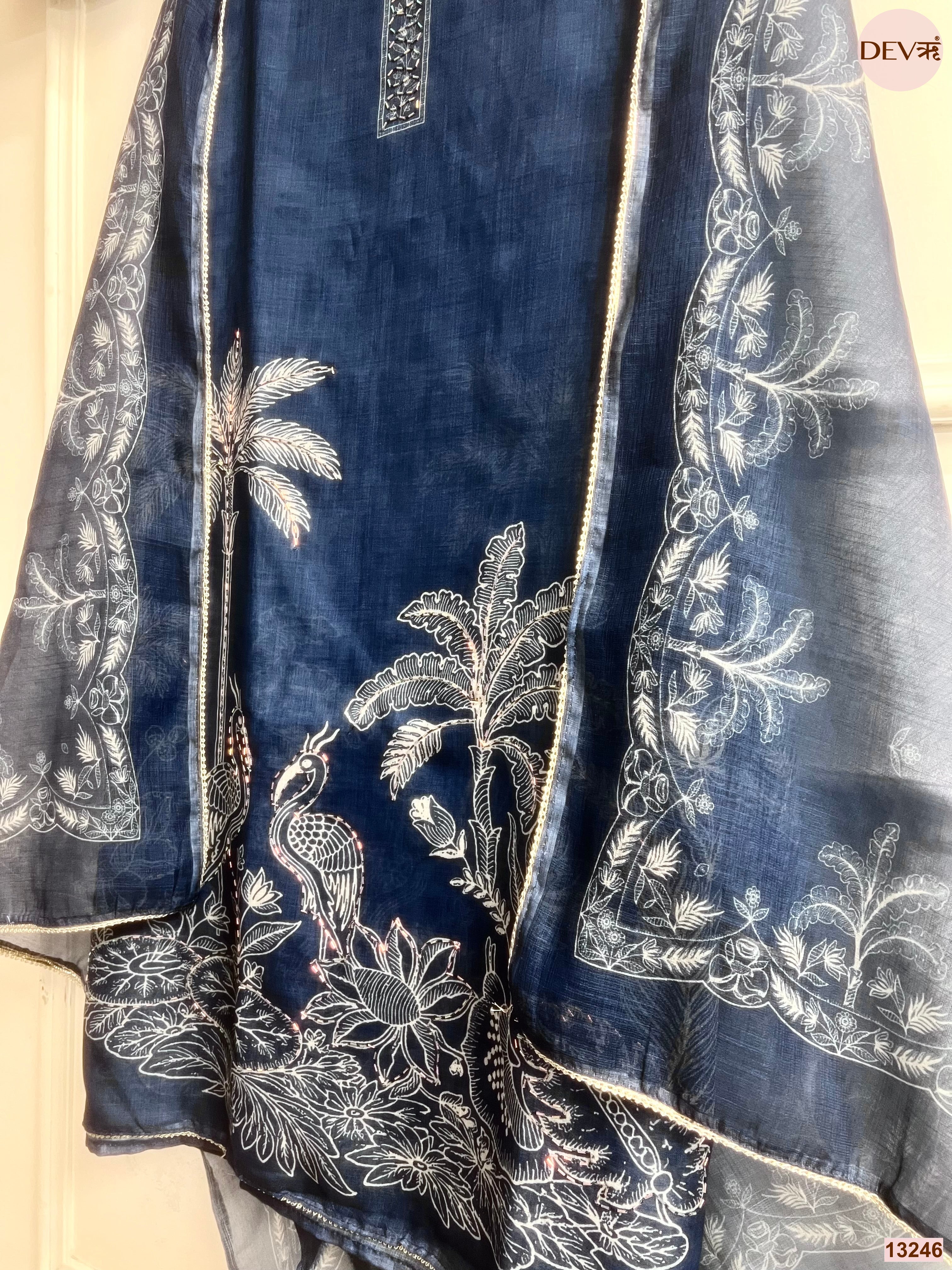Navy Linen Cotton Printed Unstitched 3-Piece Suit (Devri – D.No 13246)