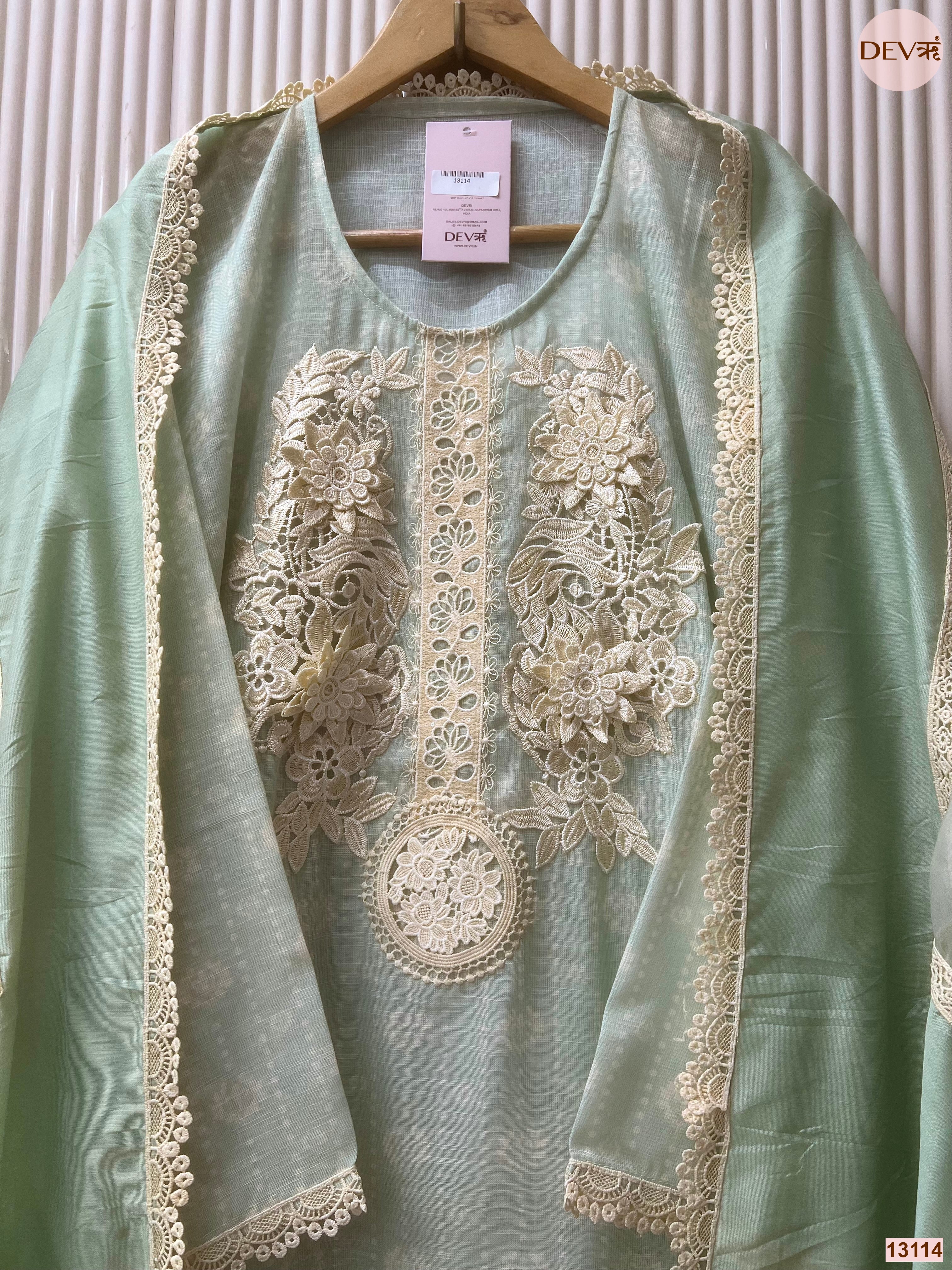 Mint Linen Cotton Embroidered Unstitched 3-Piece Suit (Devri – D.No 13114)