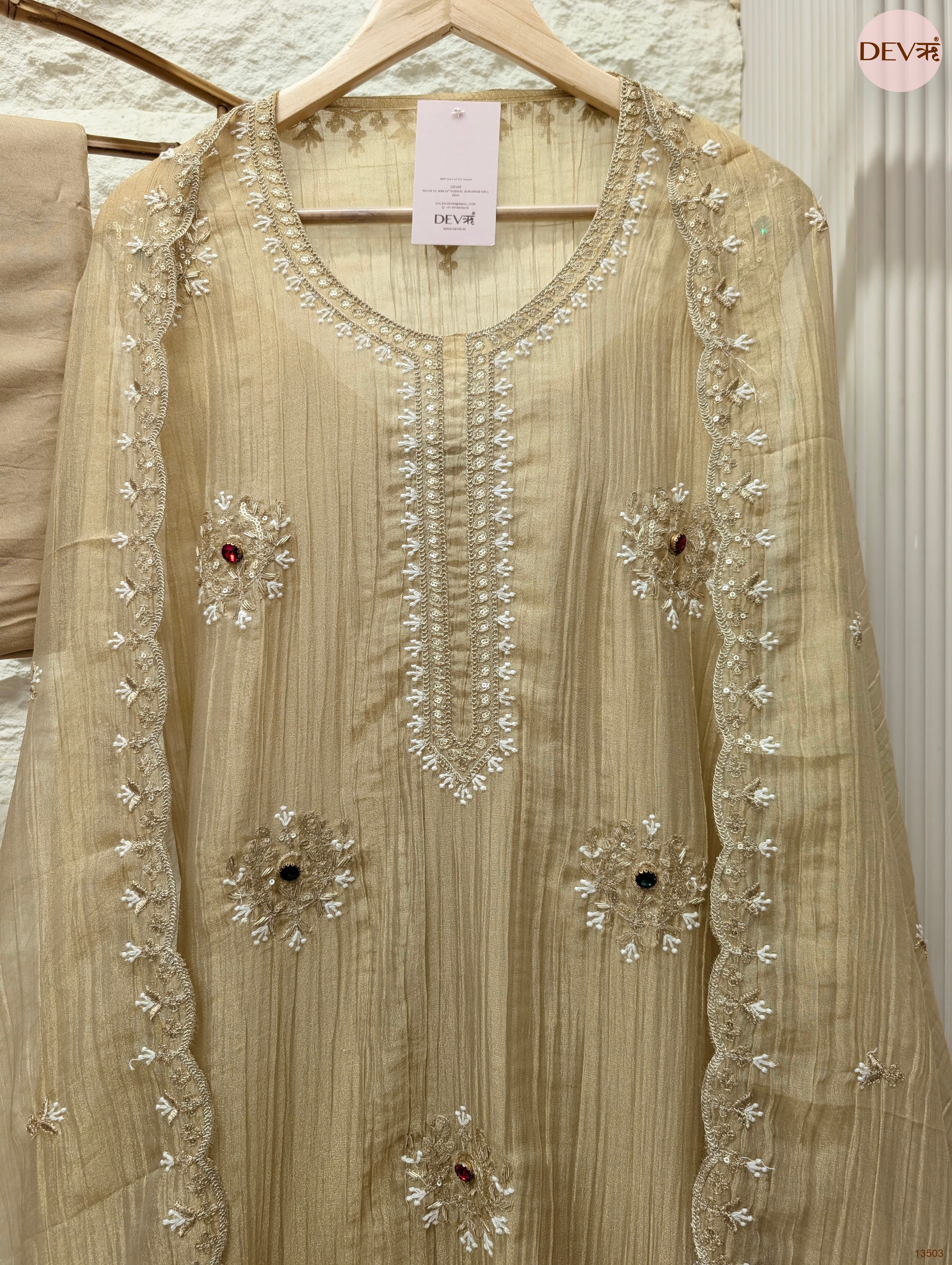 Beige Tissue Crush Silk Embroidered Unstitched 3-Piece Suit (Devri – D.No 13503)