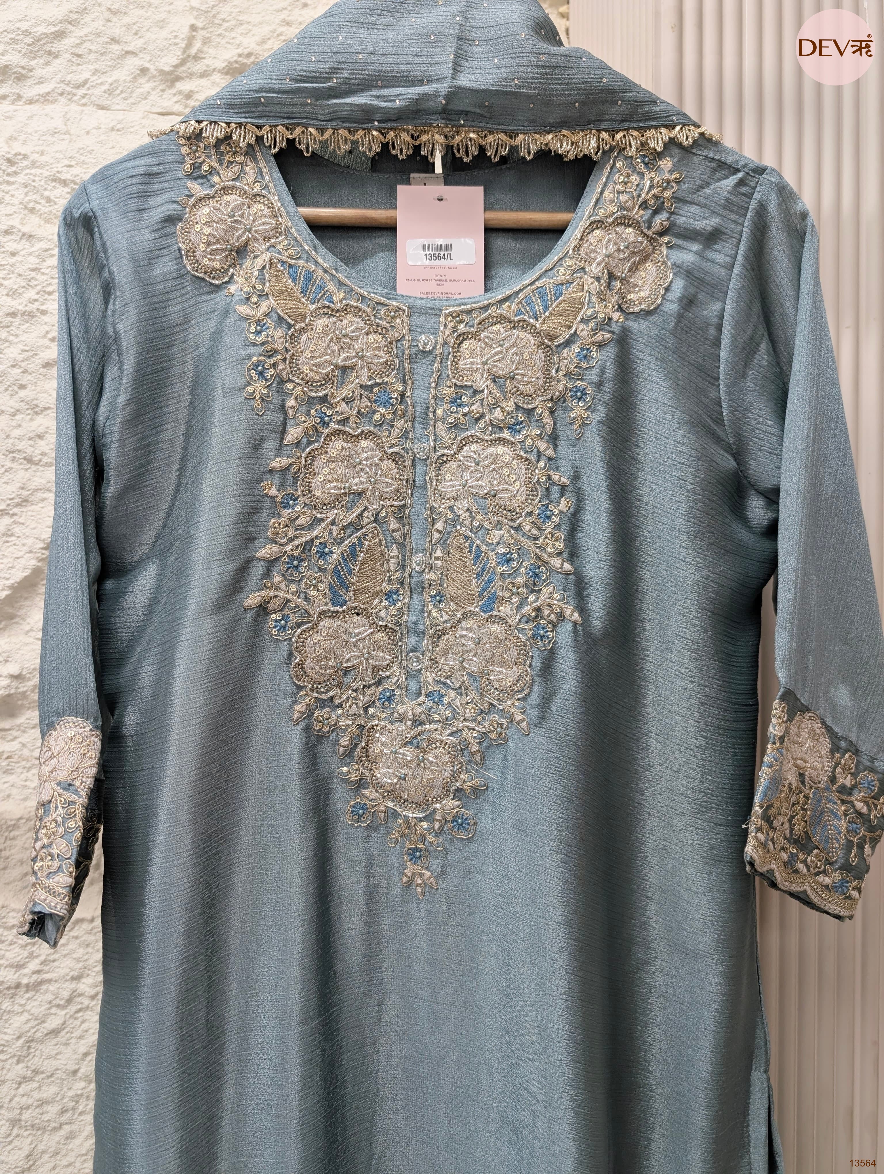 Gulnaar Chinon Embroidered Dusty Blue 3-Piece Set (Devri – D.No 13564)