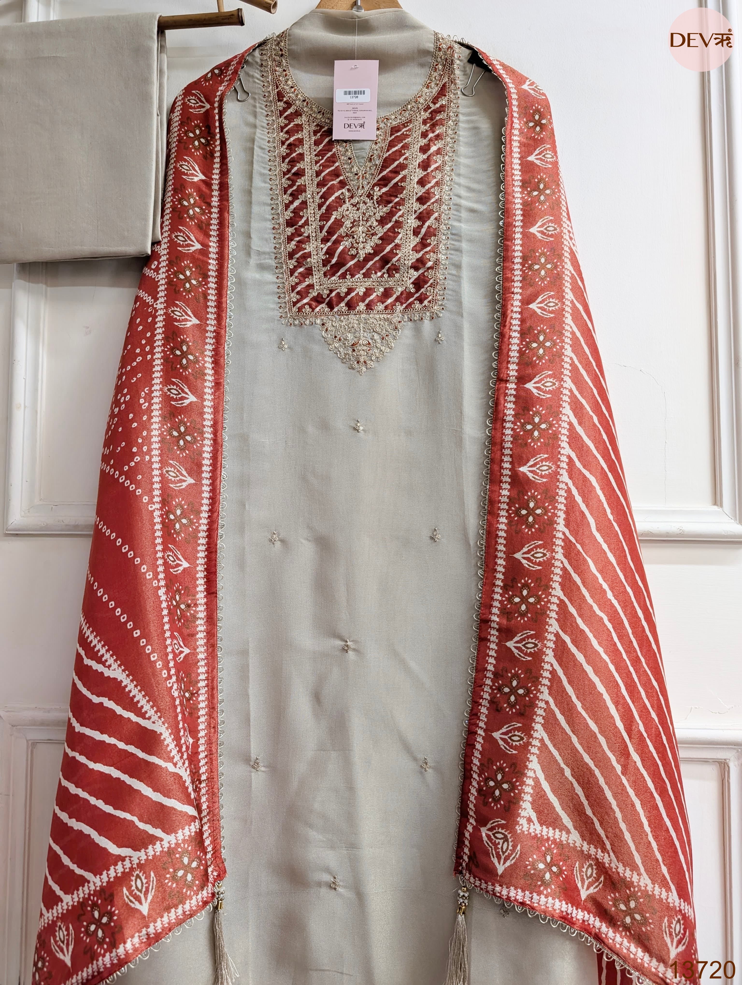 Beige Tissue Silk Embroidered Unstitched 3-Piece Suit (Devri – D.No 13720)