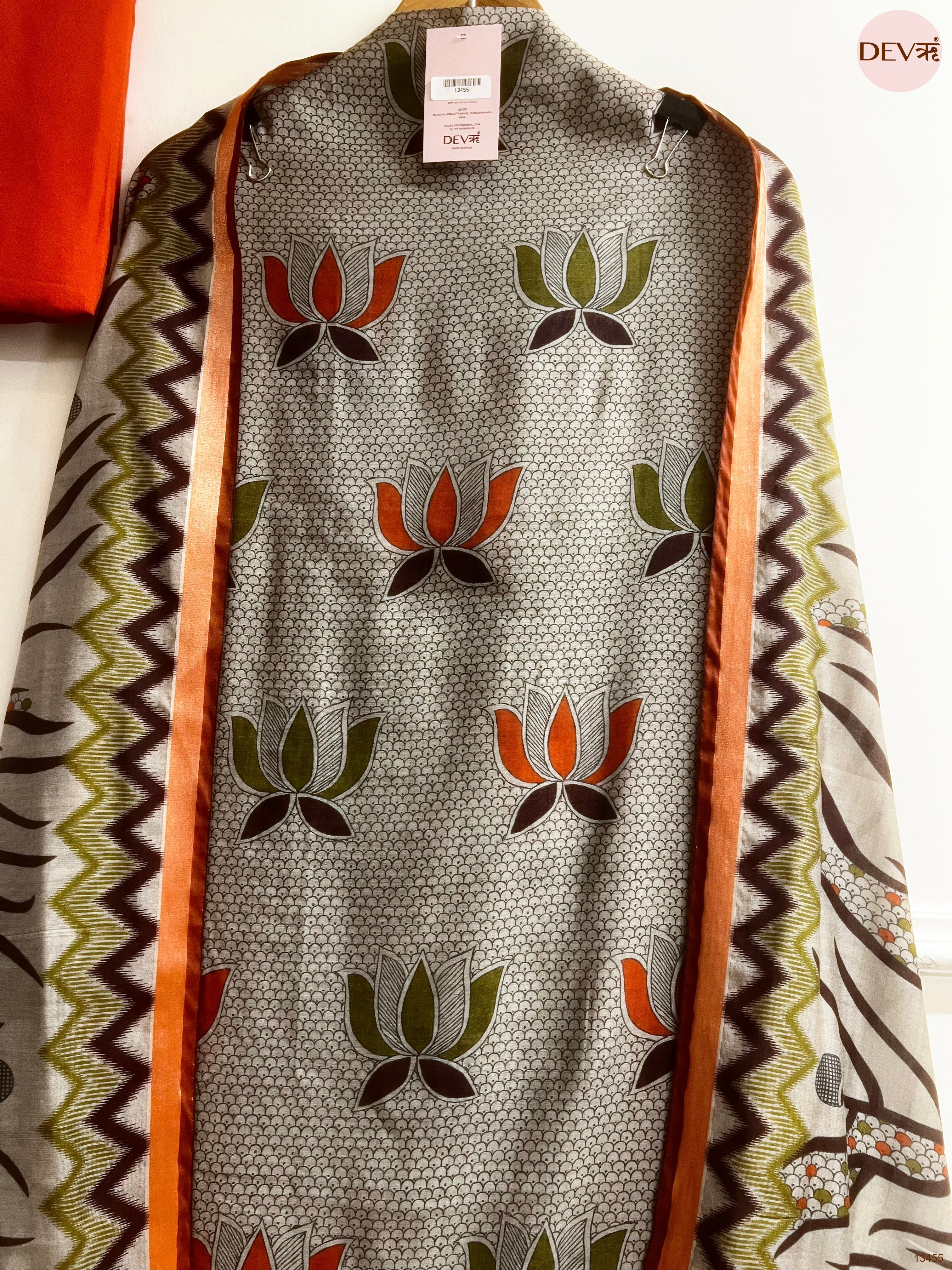 Grey Maheshwari Silk Printed Unstitched 3-Piece Suit (Devri – D.No 13455)