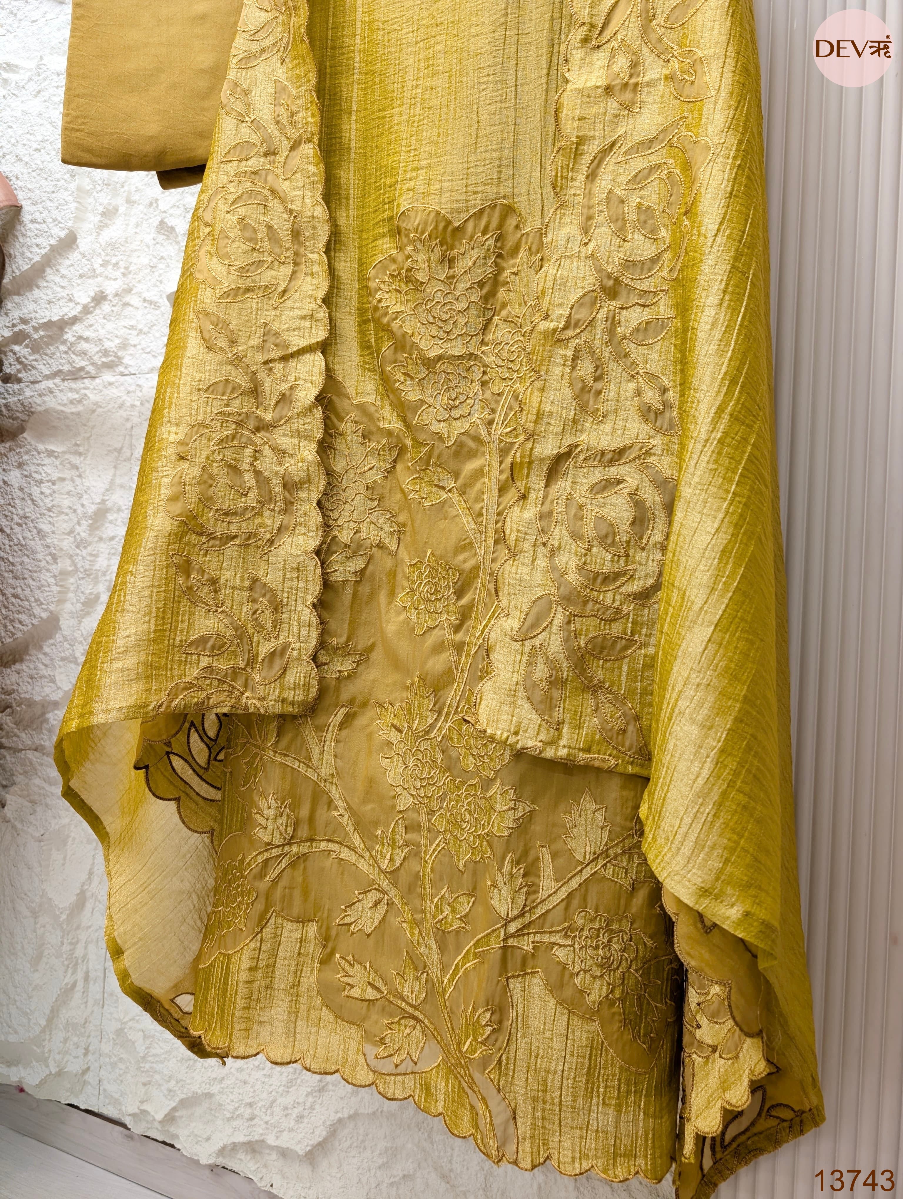 Mustard Tissue Crush Silk Embroidered Unstitched 3-Piece Suit (Devri – D.No 13743)
