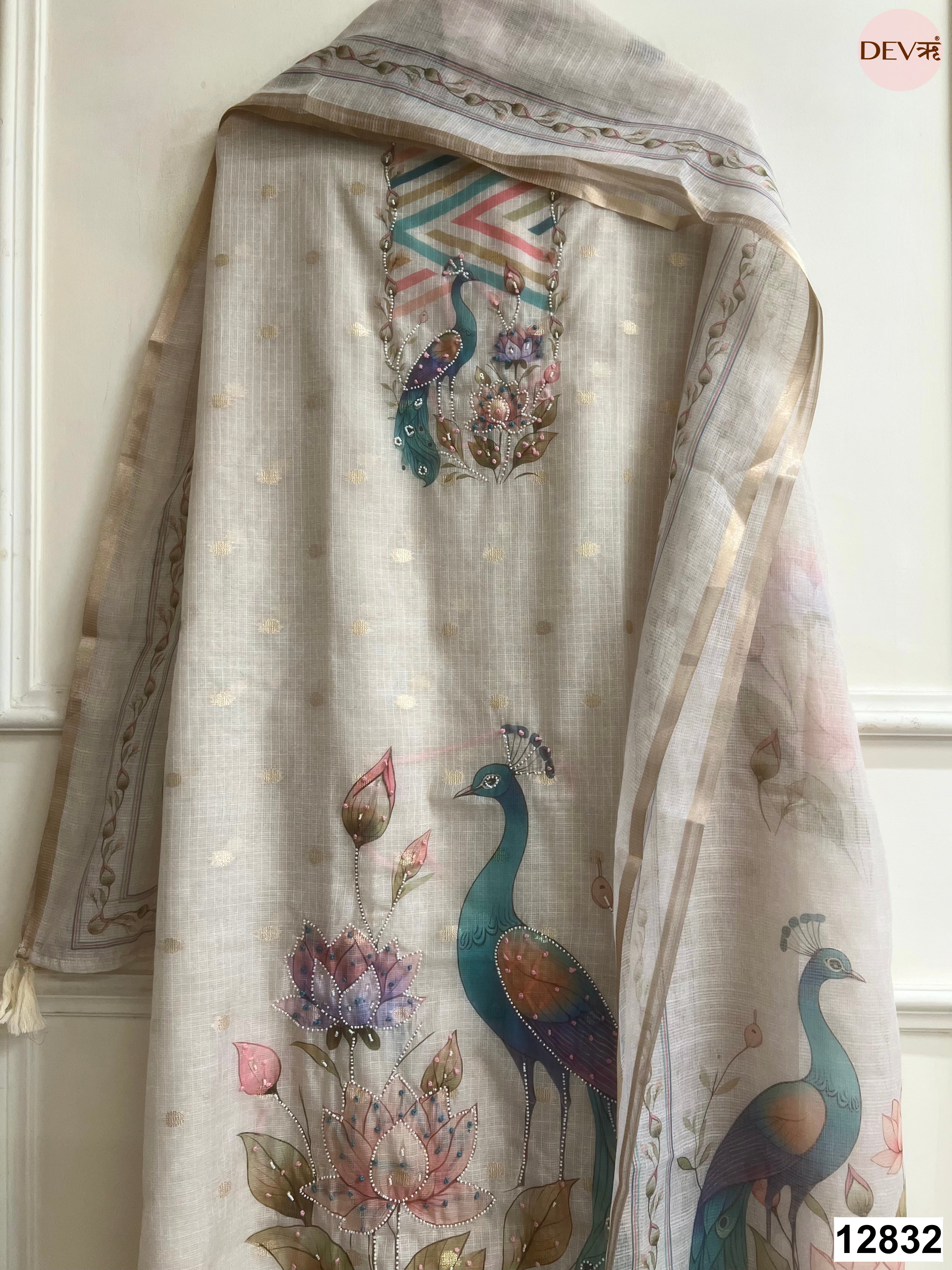 Beige Kota Printed Unstitched 3-Piece Suit (Devri – D.No 12832)